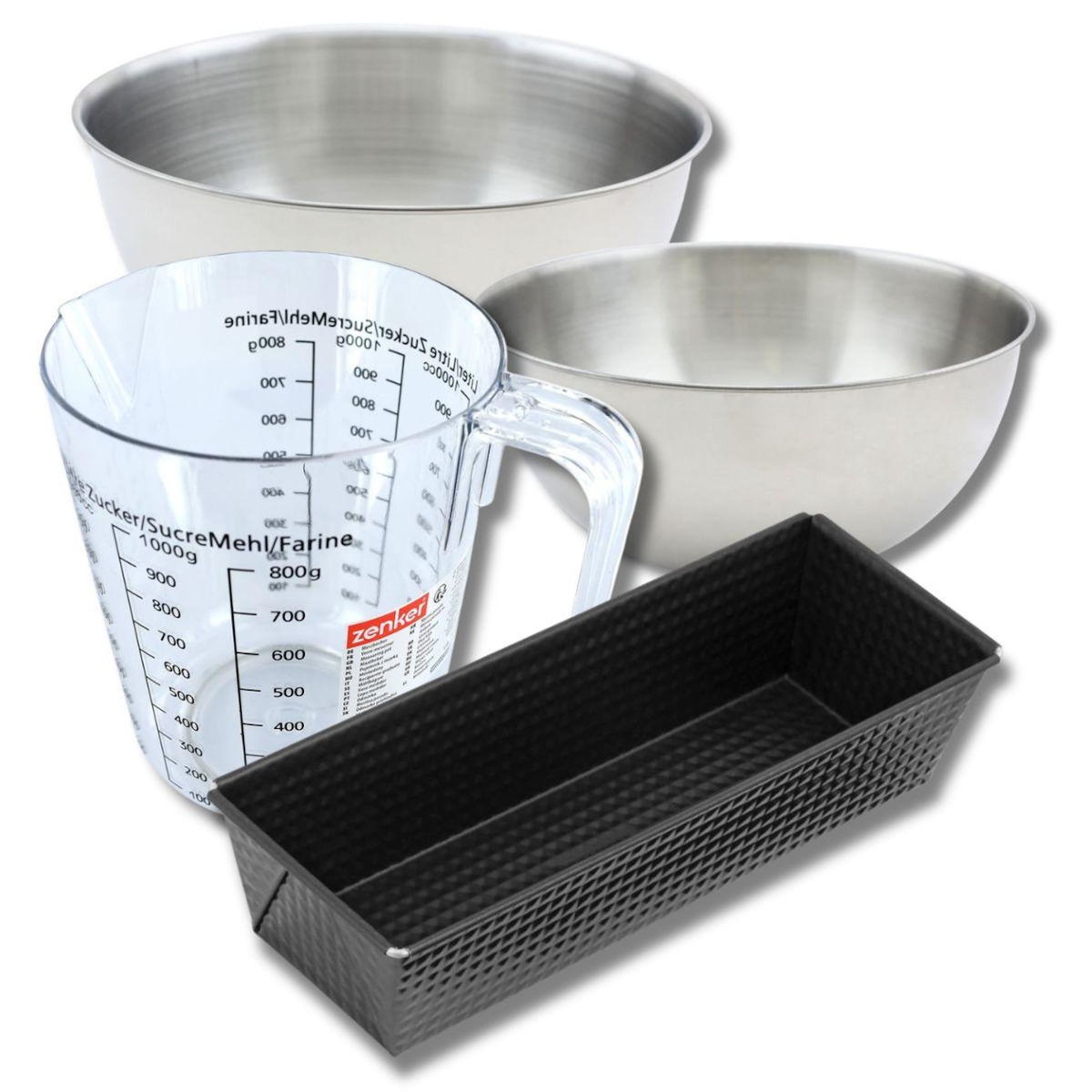 ZENKER Set pâtisserie avec moule à cake 30,5 cm, 2 bols à mixer, verre mesureur et spatule Zenker