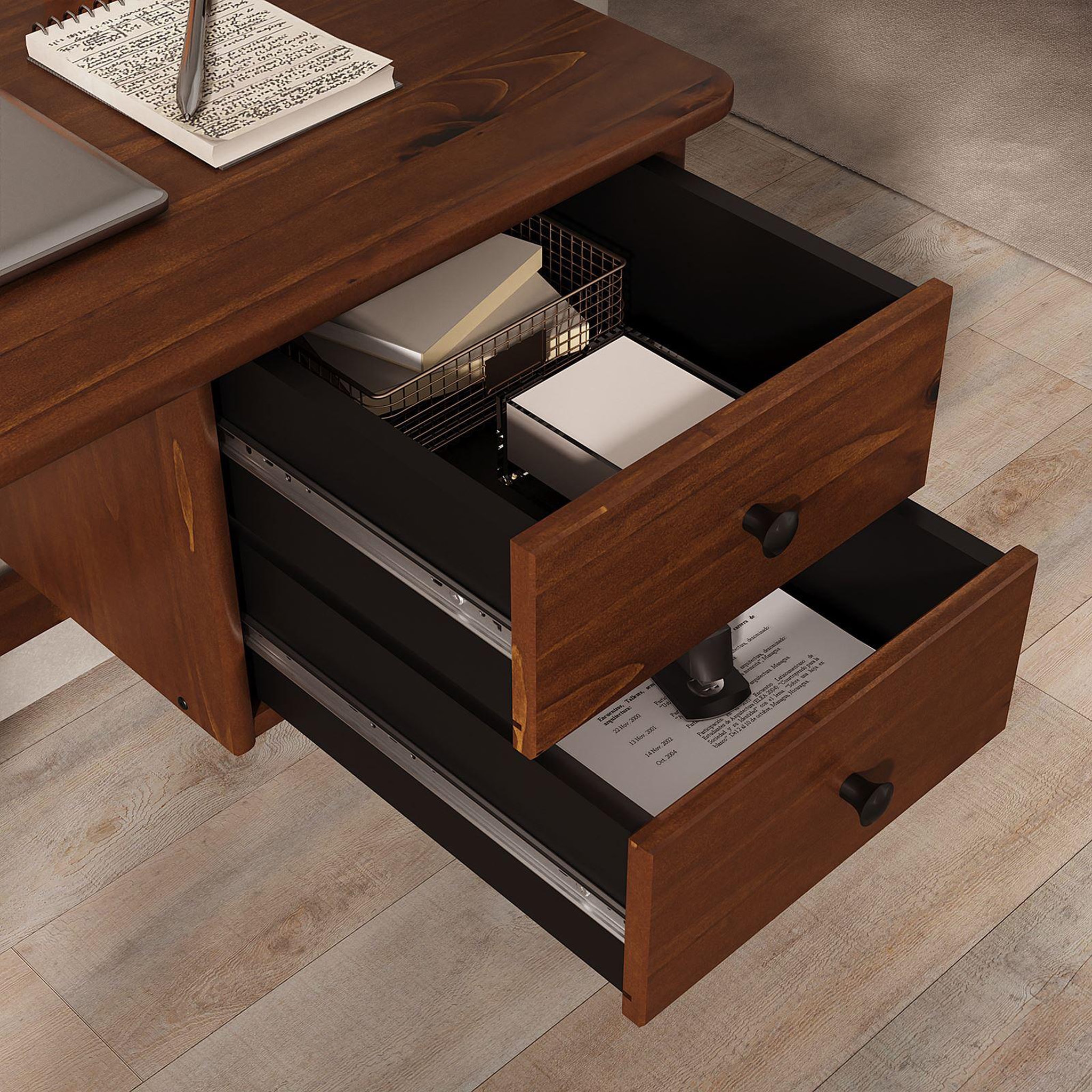 Voir la diapositive 4 : IDIMEX Bureau MARLO H 76 cm 2 tiroirs en bois massif