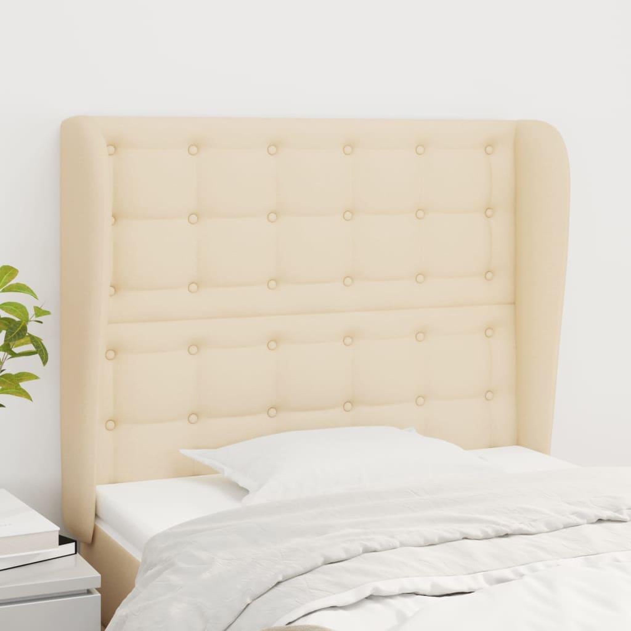 Voir la diapositive 1 : VIDAXL Tete de lit avec oreilles Creme 103x23x118/128 cm Tissu