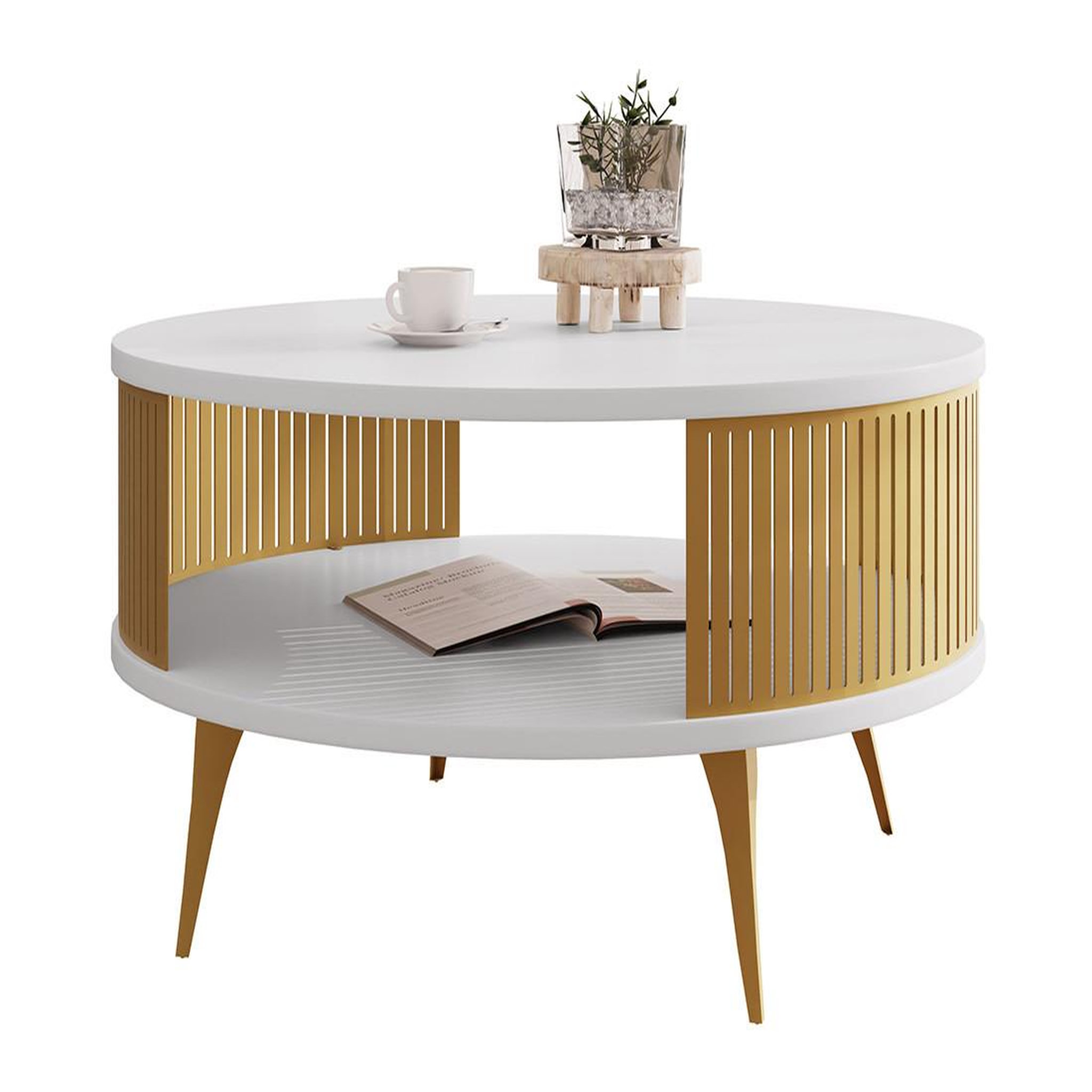 Voir la diapositive 2 : BEST MOBILIER Forini - table basse ronde - blanc et doré - 1 niche - 75 cm