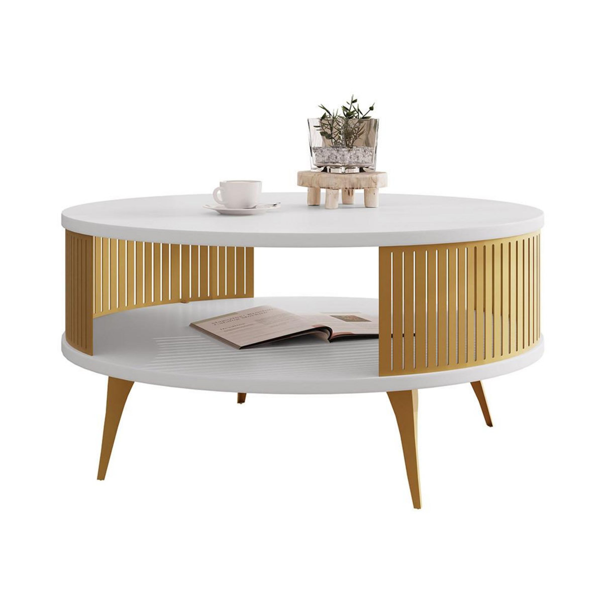 BEST MOBILIER Forini - table basse ronde - blanc et doré - 1 niche - 75 cm