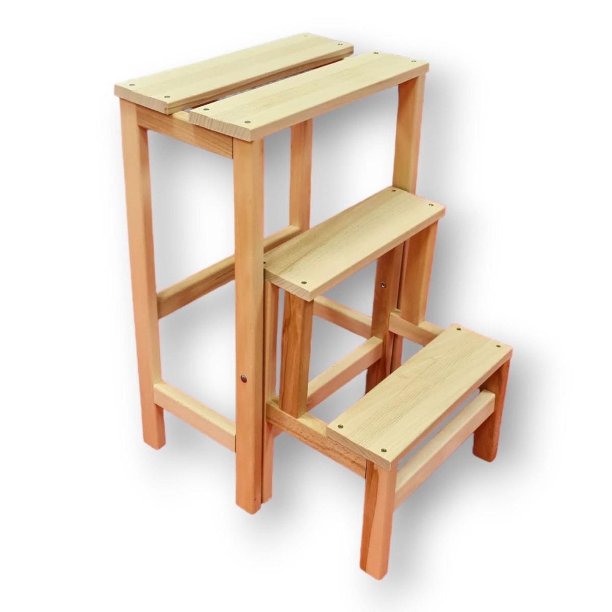 Voir la diapositive 1 : BRIXO Escabeau Tabouret Marchepied 3 marches pliantes Bois massif 2en1