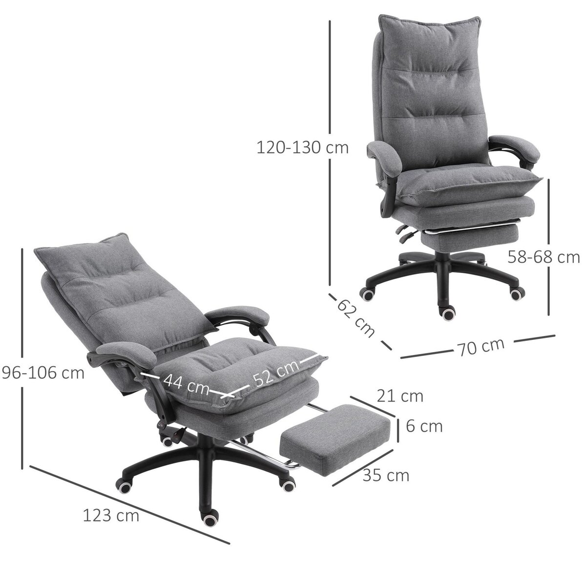 HOMCOM Fauteuil de bureau direction massant hauteur réglable dossier inclinable repose-pied intégré toile de lin gris chiné