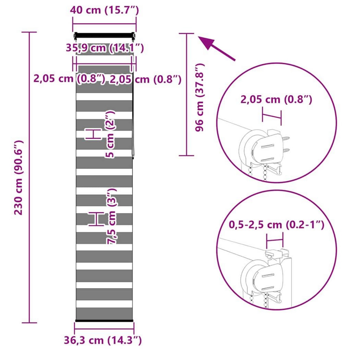 VIDAXL Store zebre noir 40x230 cm largeur du tissu 35,9 cm polyester