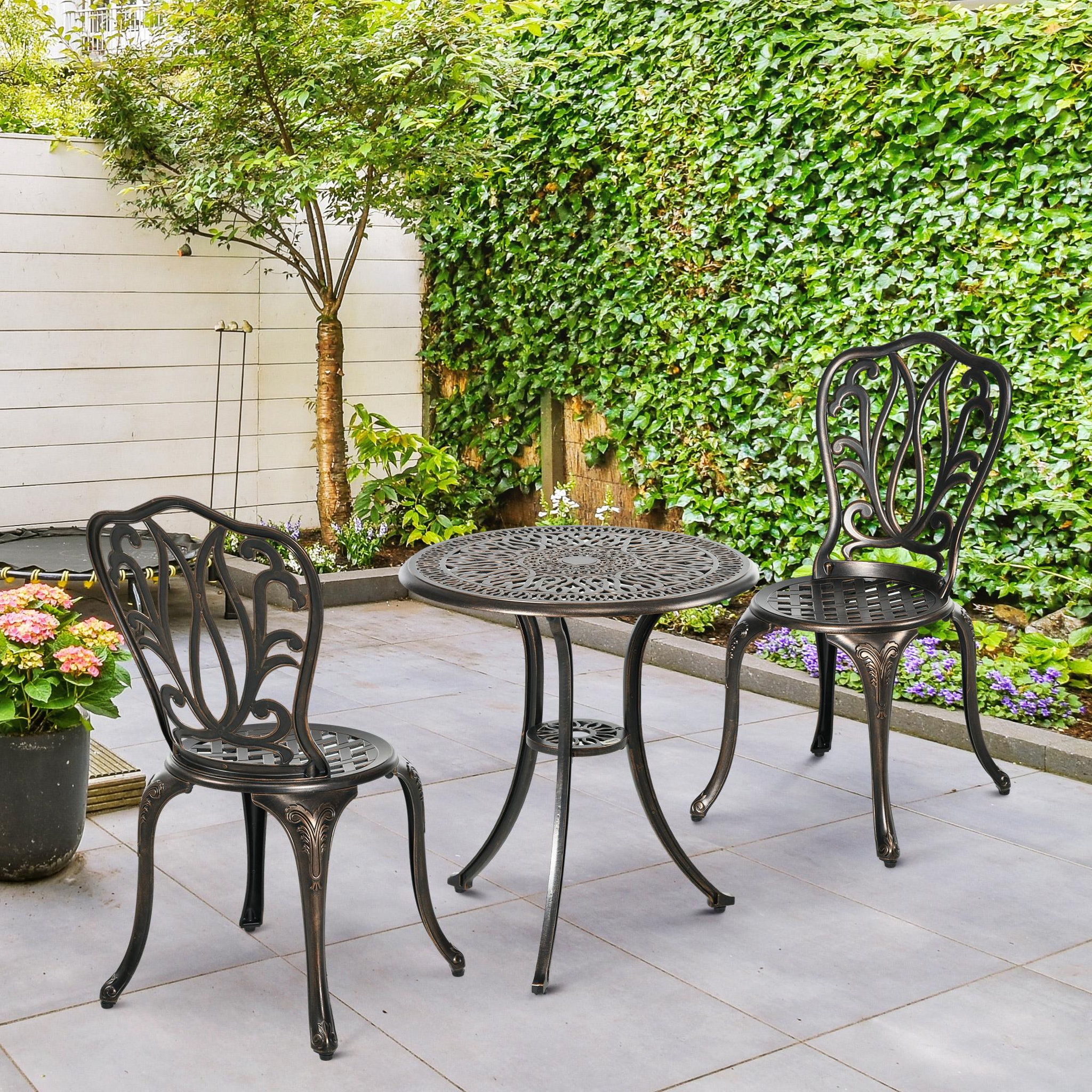 Voir la diapositive 2 : OUTSUNNY Ensemble salon de jardin 2 places avec table ronde style rétro fonte alu effet bronze antique