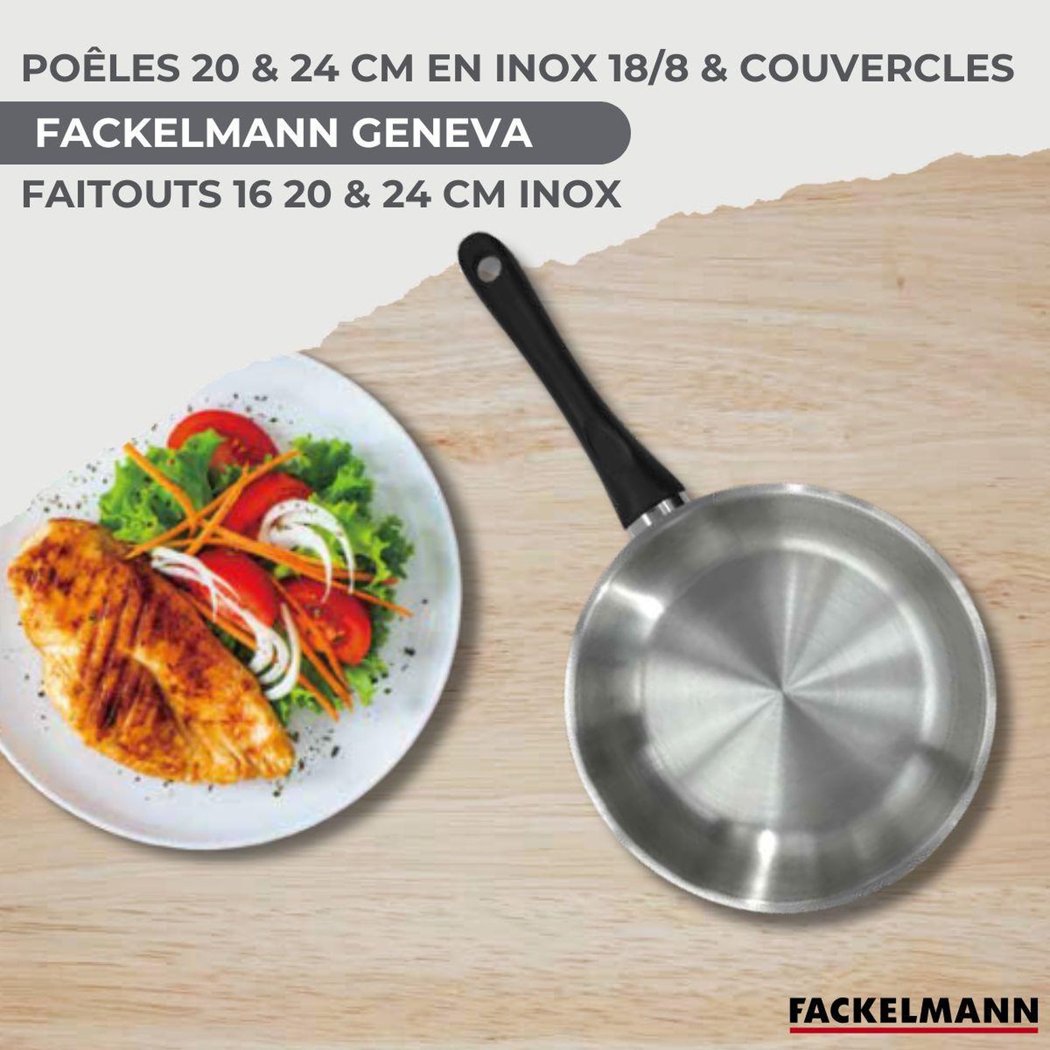 Voir la diapositive 2 : Fackelmann Batterie de cuisine avec 2 poêles 20/24 cm et 3 faitouts 16/20/24 cm sans pfas fackelmann généva brillant avec couvercles