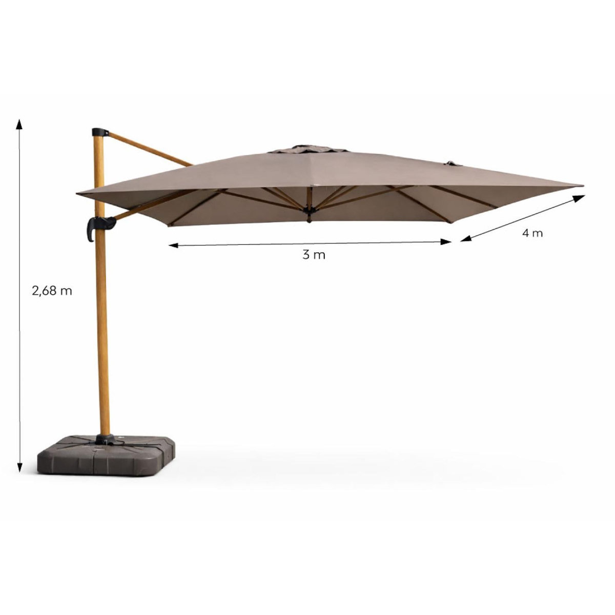 CONCEPT USINE Parasol rectangulaire 3x4m déporté rotatif gris pied effet bois en aluminium CESARE