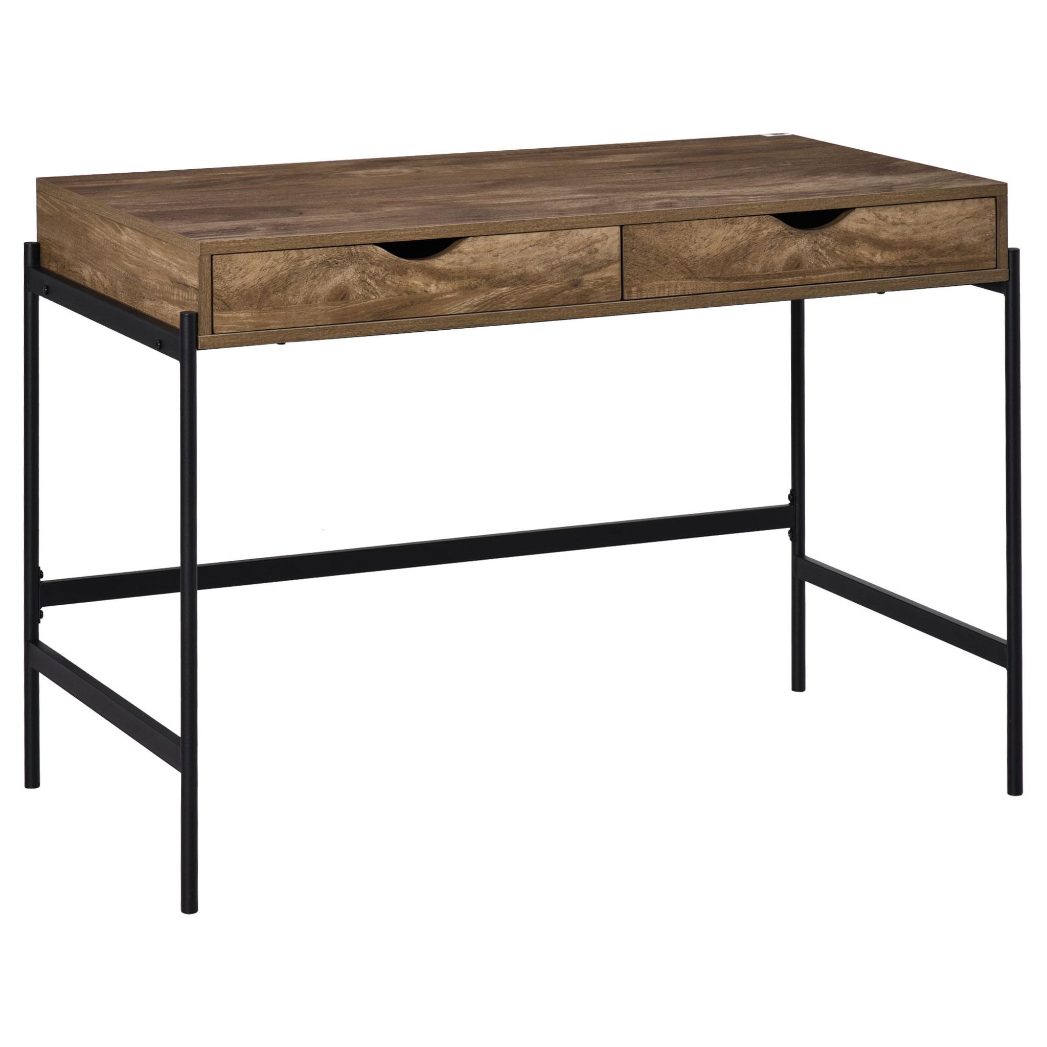 Voir la diapositive 1 : HOMCOM Bureau style industriel dim. 110L x 55l x 75H cm cm tiroir + 2 tiroirs piètement métal noir plateau MDF aspect bois