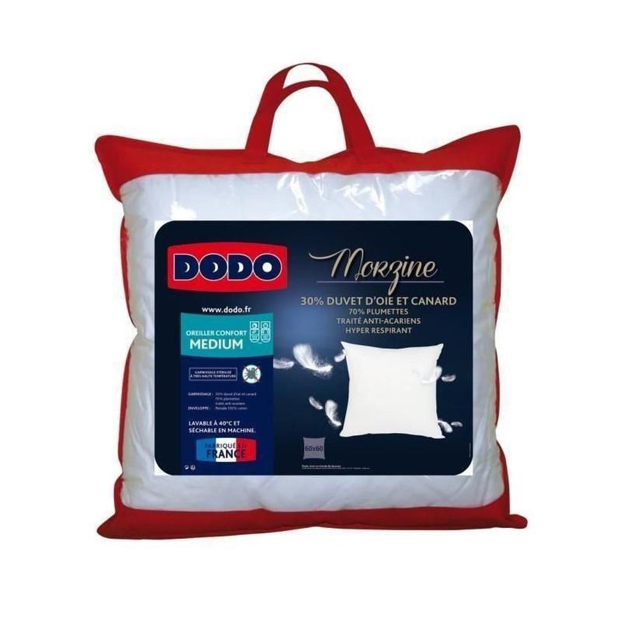 Voir la diapositive 2 : DODO DODO Oreiller Duvet Oie MORZINE Anti-Acariens 65x65cm blanc