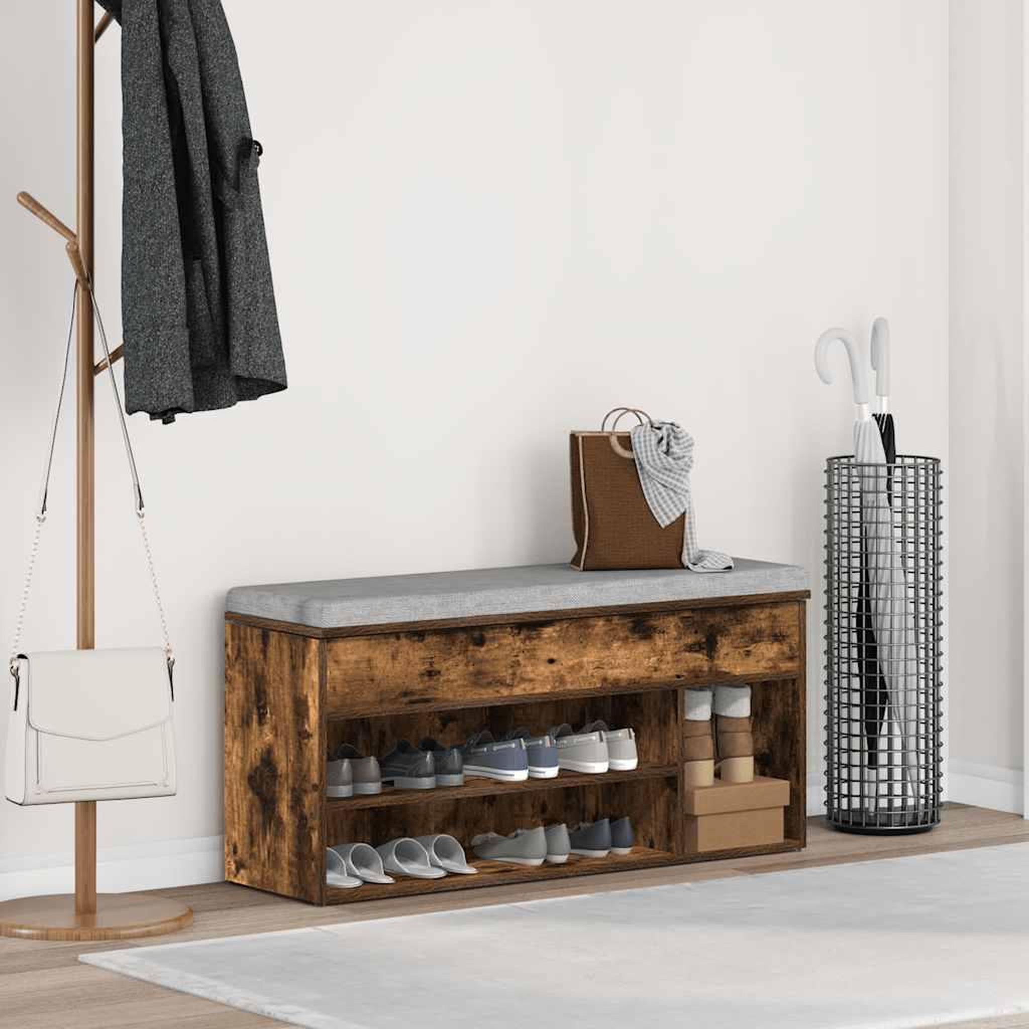 Voir la diapositive 3 : VIDAXL Banc a chaussures chene fume 102x30,5x45 cm bois d'ingenierie