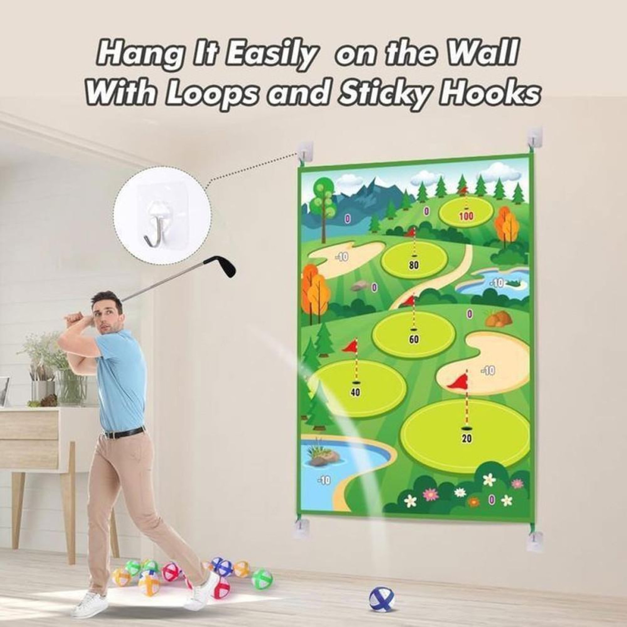 Voir la diapositive 4 : Jeu de pratique golf chipping avec tapis 6x4 ft, 20 balles adhésives et tableau de score