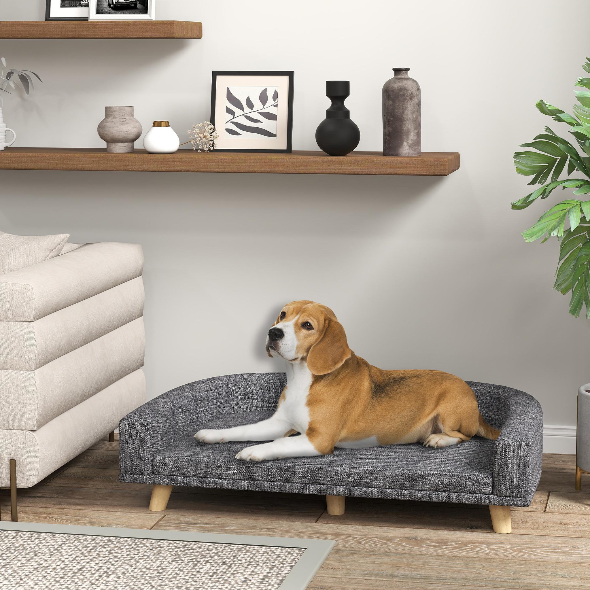 Voir la diapositive 2 : PAWHUT Canapé chien lit pour chien design scandinave coussin déhoussable dim 98l x 67l x 25h cm pieds bois tissu polyester anthracite
