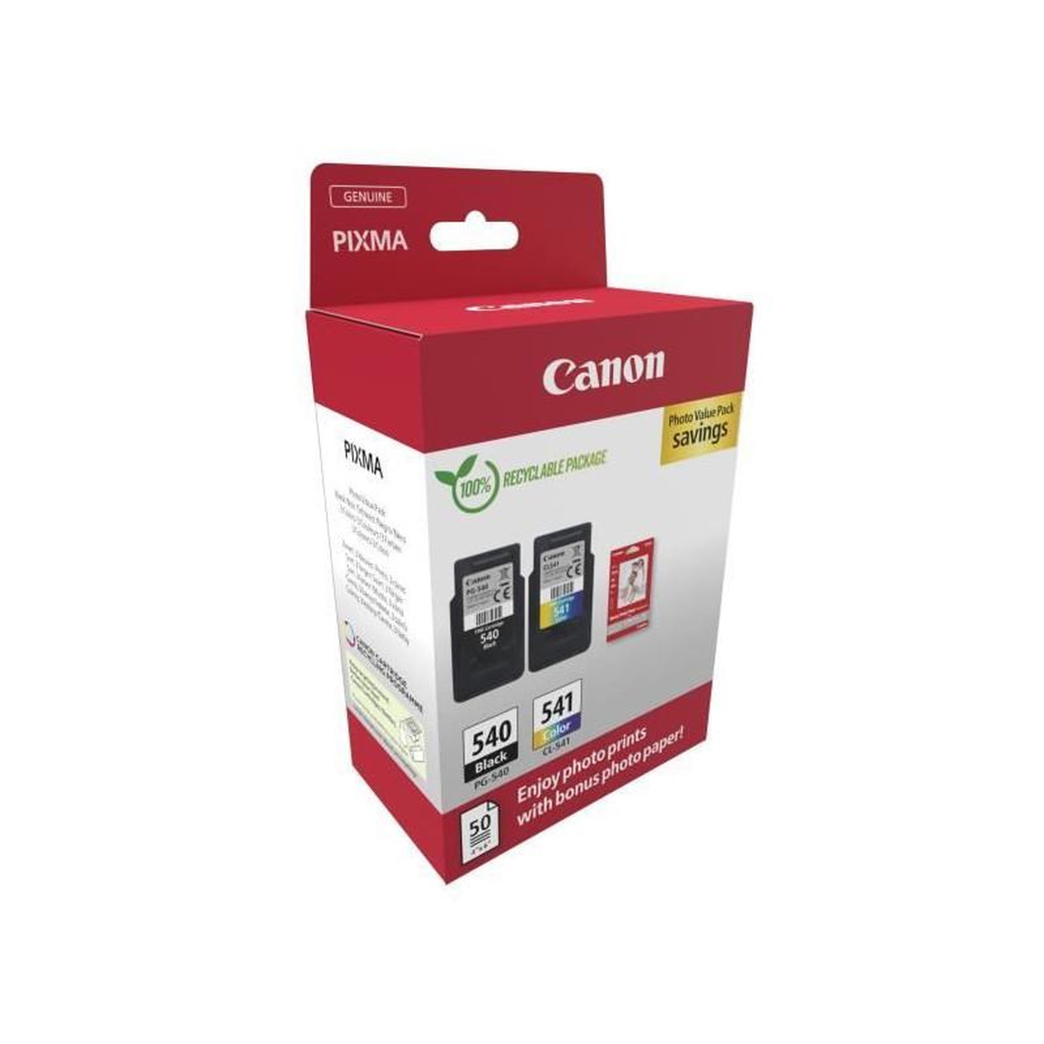 Voir la diapositive 2 : Canon Pack de 2 cartouches d'encre + pack papiers photo - CANON - PG-540 Noir + CL-541 Couleur