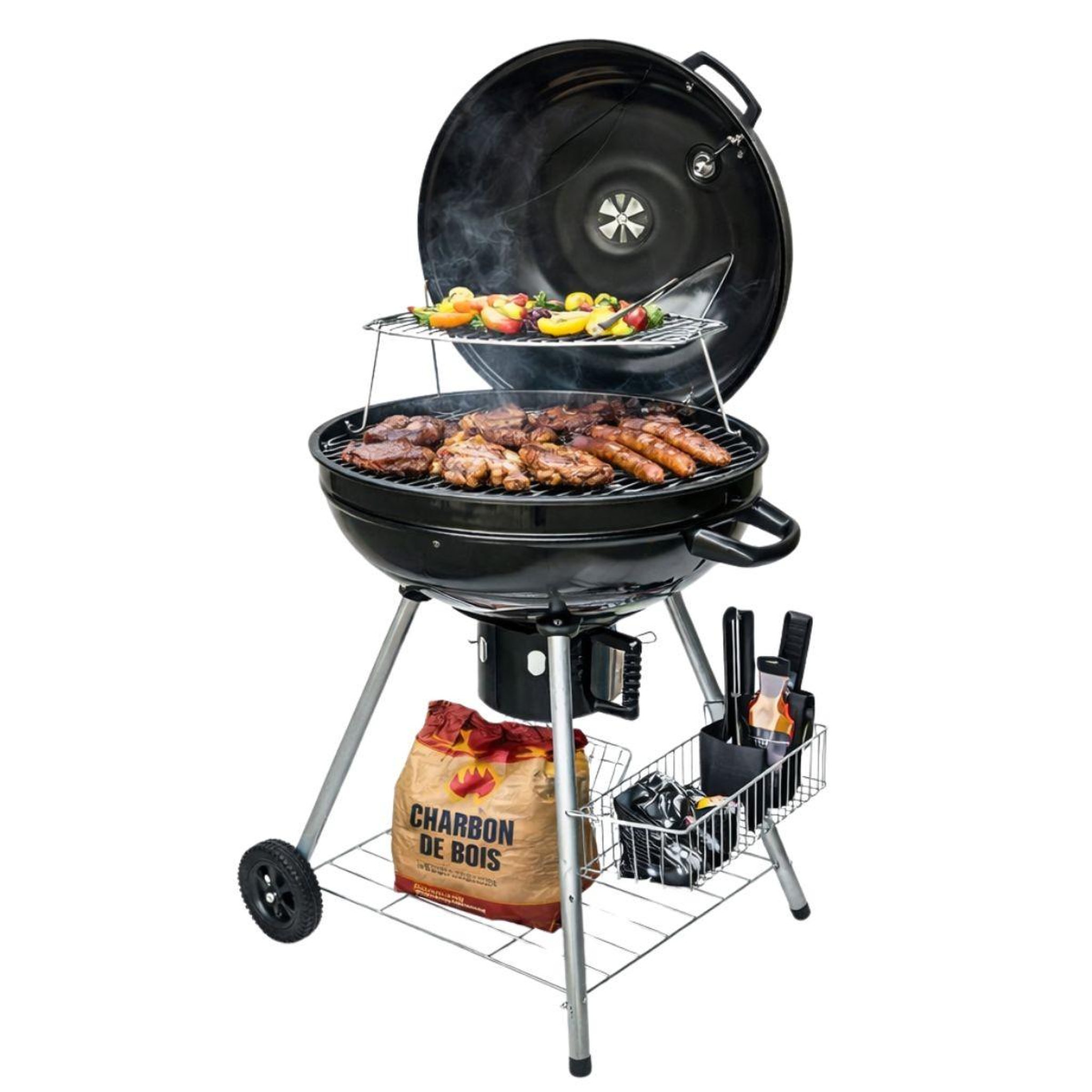 Voir la diapositive 6 : EL GAUCHO Barbecue à charbon de bois double grille cuisson ø54.5cm& couvercle thermostat bac à cendres, barbecue sur roues avec rangement