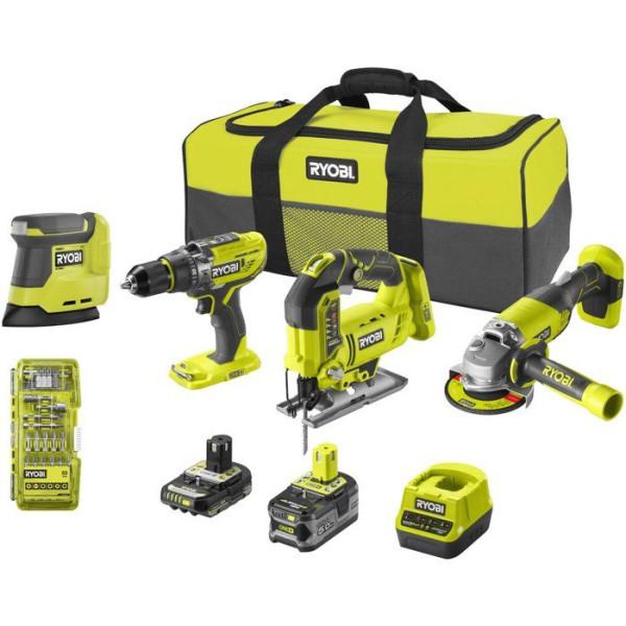 Ryobi Ryobi pack 4 outils one+ 18v perceuse à percussion + meuleuse + scie sauteuse + ponceuse + batt. 5ah & 2ah + sac r18ck4f-252s