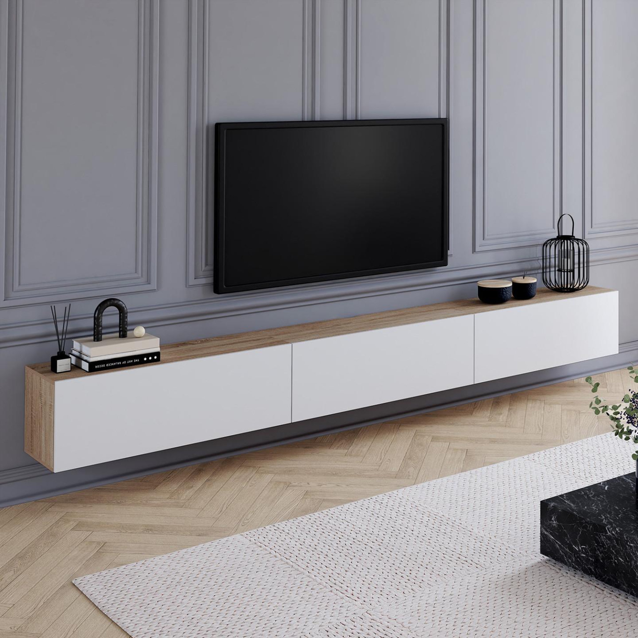 Voir la diapositive 2 : ID MARKET Meuble tv 270 cm suspendu elio 3 portes bois et blanc