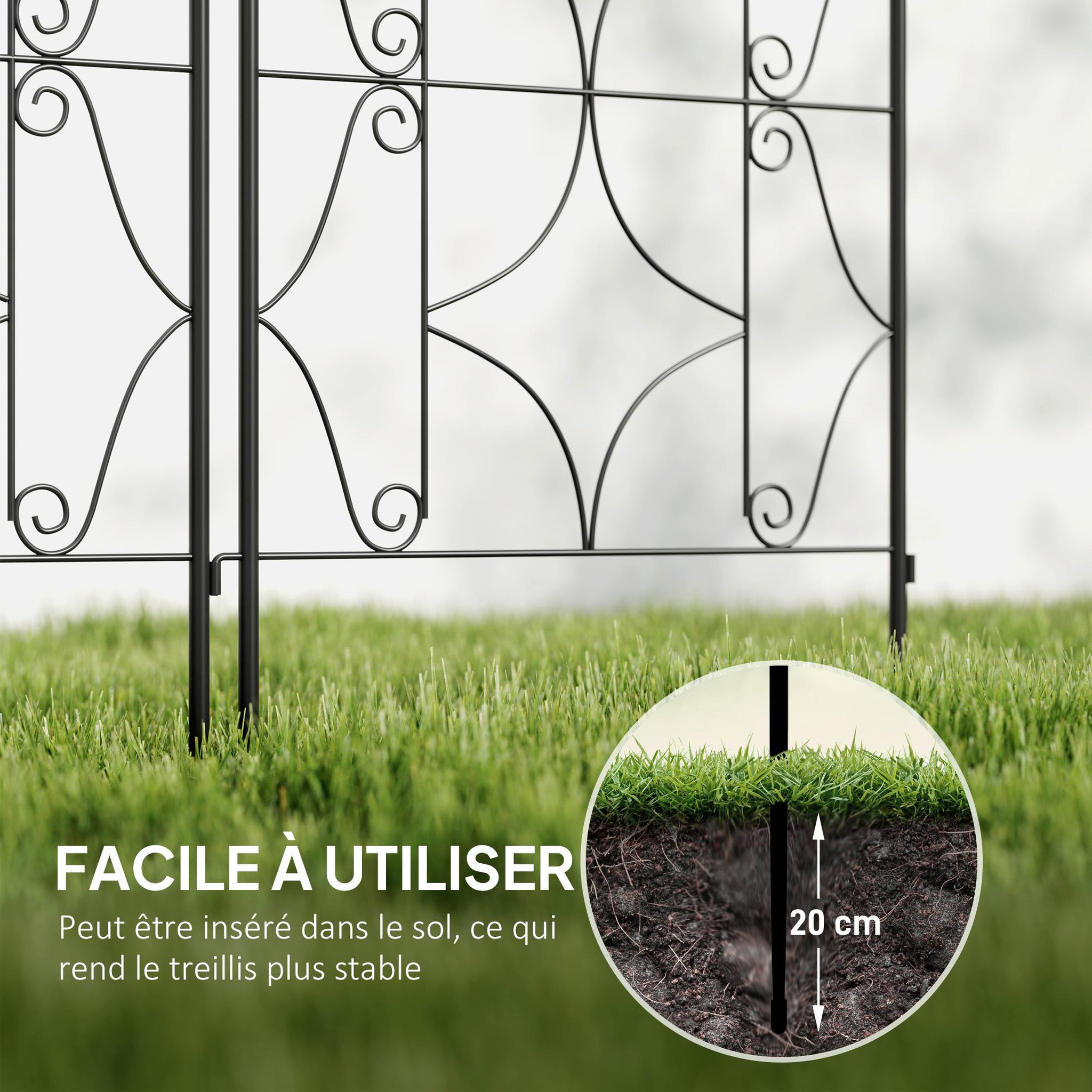 Voir la diapositive 6 : OUTSUNNY Treillis de jardin effet fer forgé - lot de 2 supports pour plantes grimpantes - 50 x 180 cm - métal époxy noir