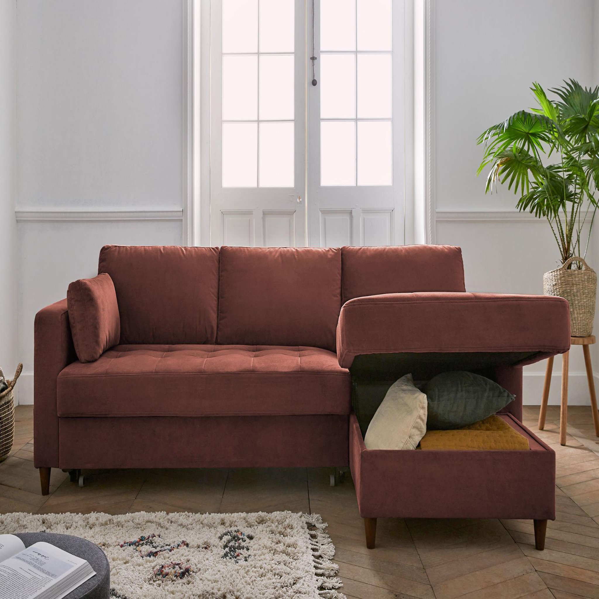 Voir la diapositive 4 : BEST MOBILIER Anna - canapé d'angle droit - 4 places - convertible avec coffre - en velours