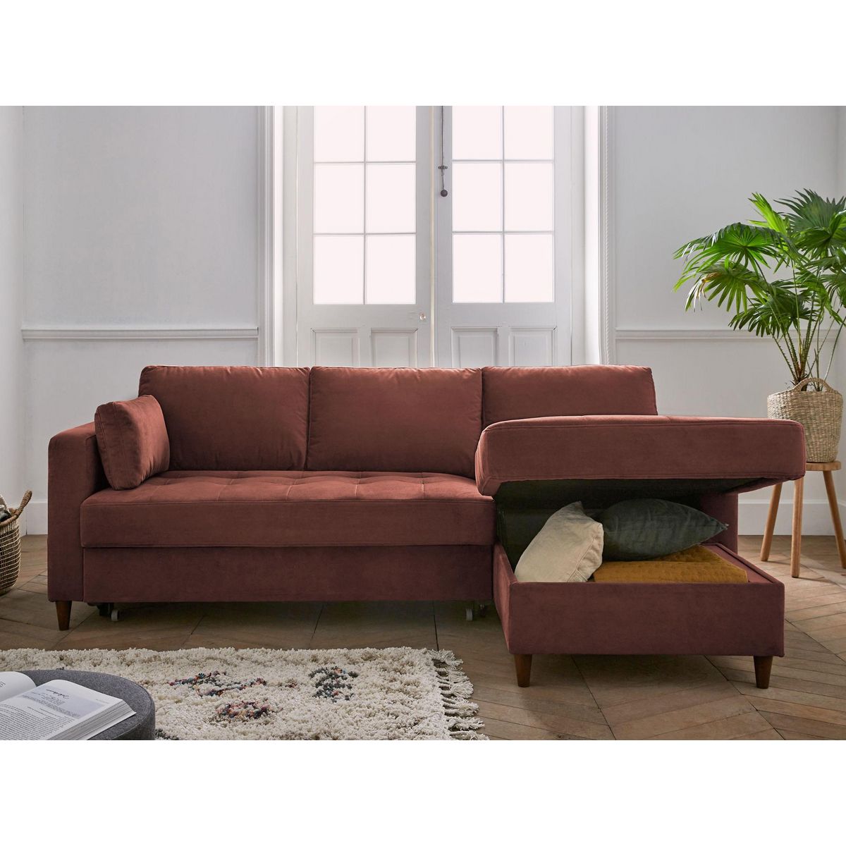 LISA DESIGN Anna - canapé d'angle droit - 4 places - convertible avec coffre - en velours