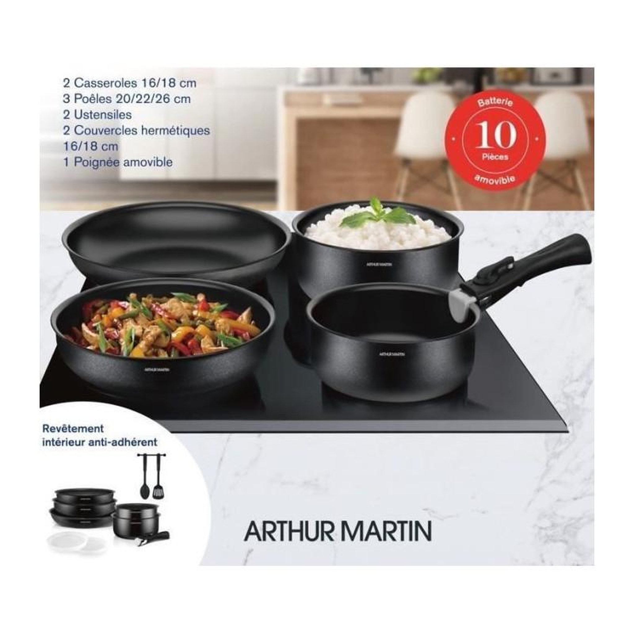 Voir la diapositive 6 : Arthur Martin Batterie de cuisine 10 pieces Arthur Martin - Aluminium - Tous feux sauf induction - Noir