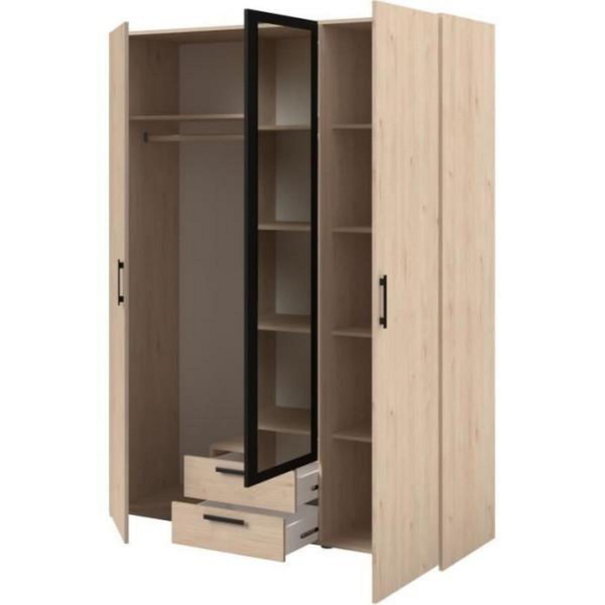 PARISOT Armoire VARIA - Décor chene et noir - 3 portes battantes + 2 tiroirs + 1 miroir - L 150 x H 200 x P 51 cm