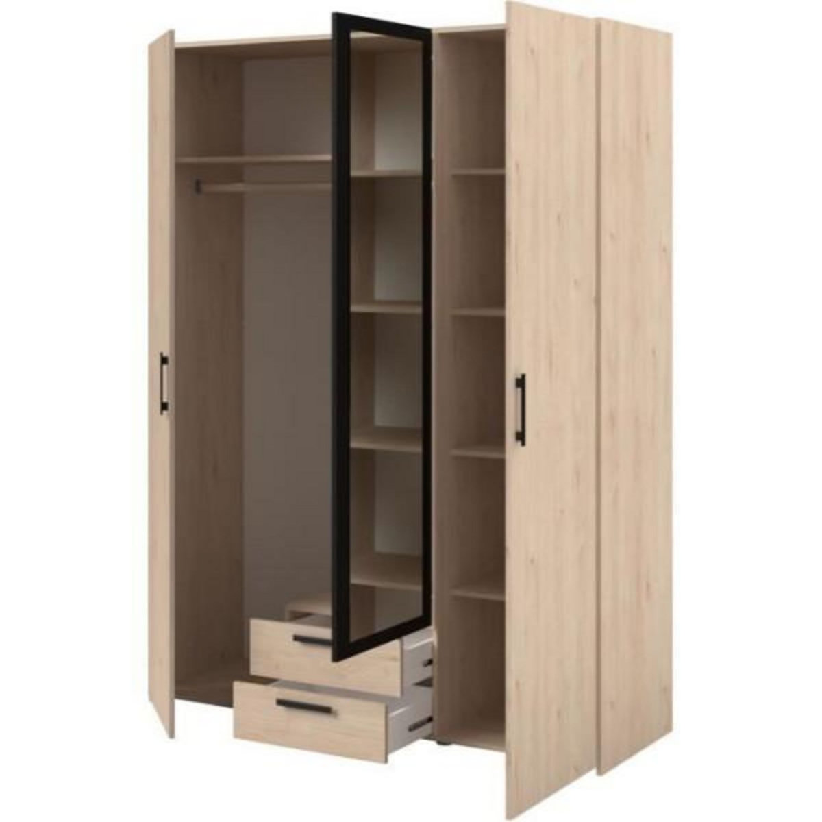 PARISOT Armoire VARIA - Décor chene et noir - 3 portes battantes + 2 tiroirs + 1 miroir - L 150 x H 200 x P 51 cm