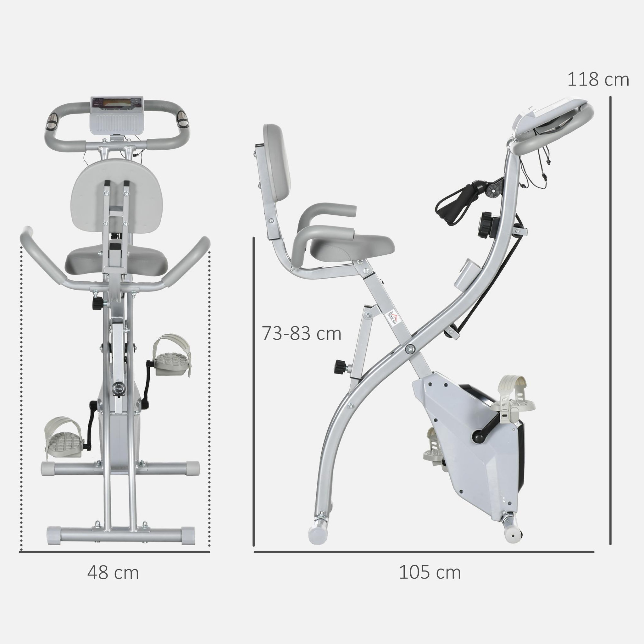 Voir la diapositive 3 : HOMCOM Vélo d'appartement pliant 8 niveaux de résistance magnétique dossier selle réglable poignées ergonomiques écran LCD multifonction suspensions support tablette acier gris