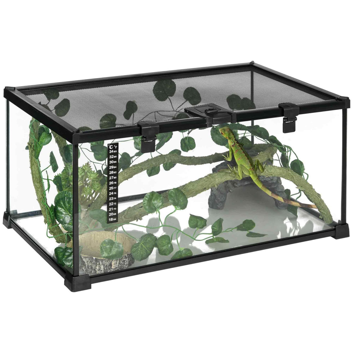 PAWHUT Terrarium verre transparent - couvercle treillis métallique coulissant verrouillable, trappe, distributeur eau, thermomètre - noir