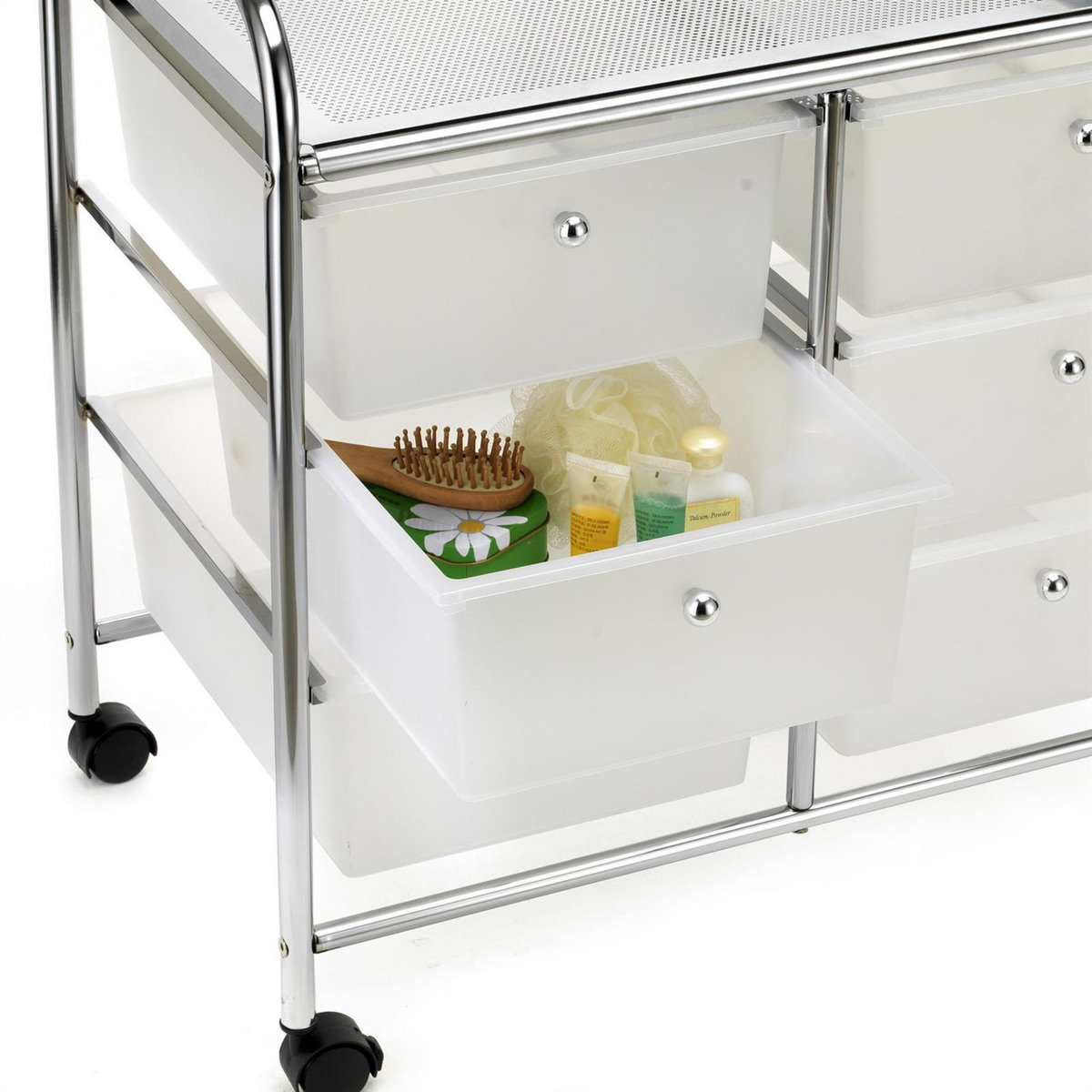 IDIMEX Caisson sur roulettes GINA, en métal chromé avec 5 tiroirs en plastique blanc