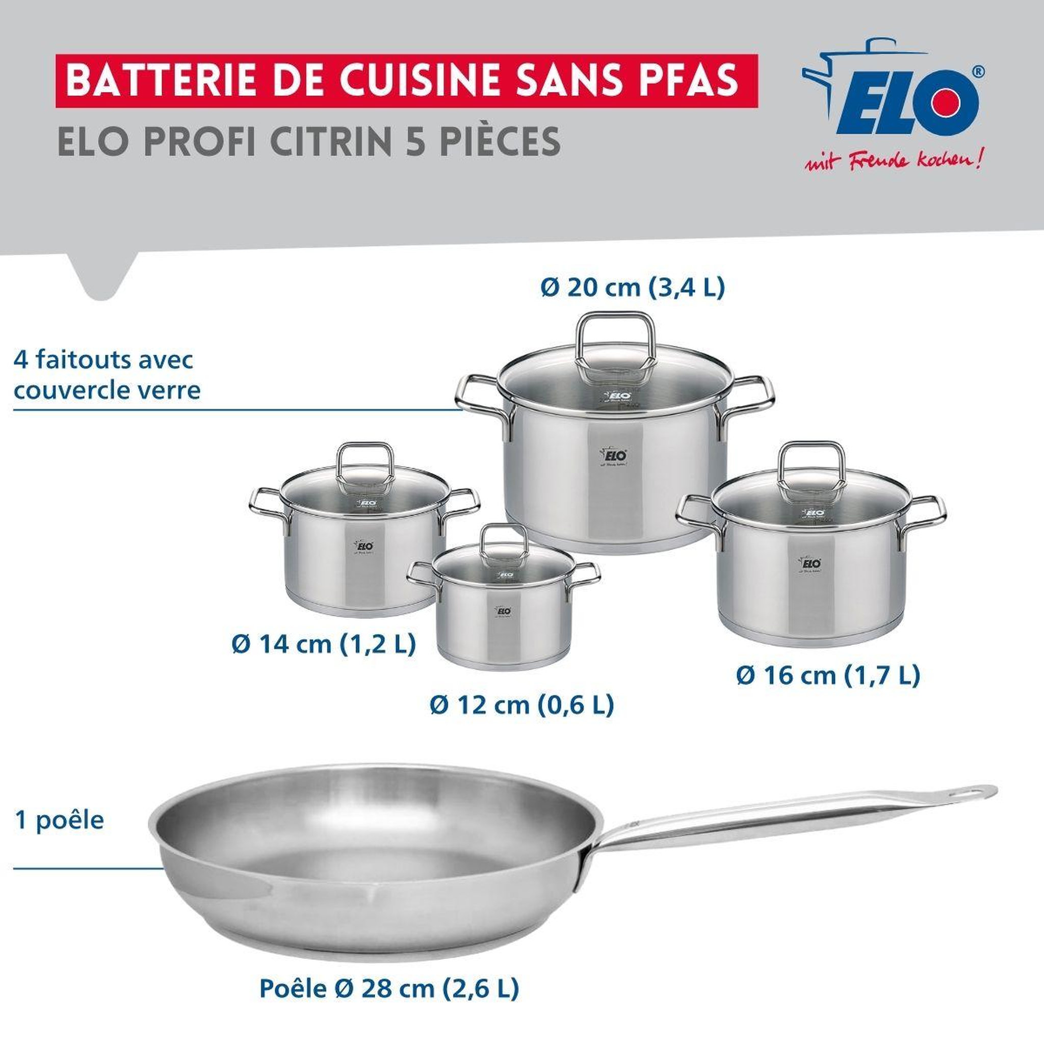 Voir la diapositive 2 : ELO Ensemble de 1 poêle de cuisson 28 cm et 4 faitouts 12, 14, 16 et 20 cm elo profi citrin