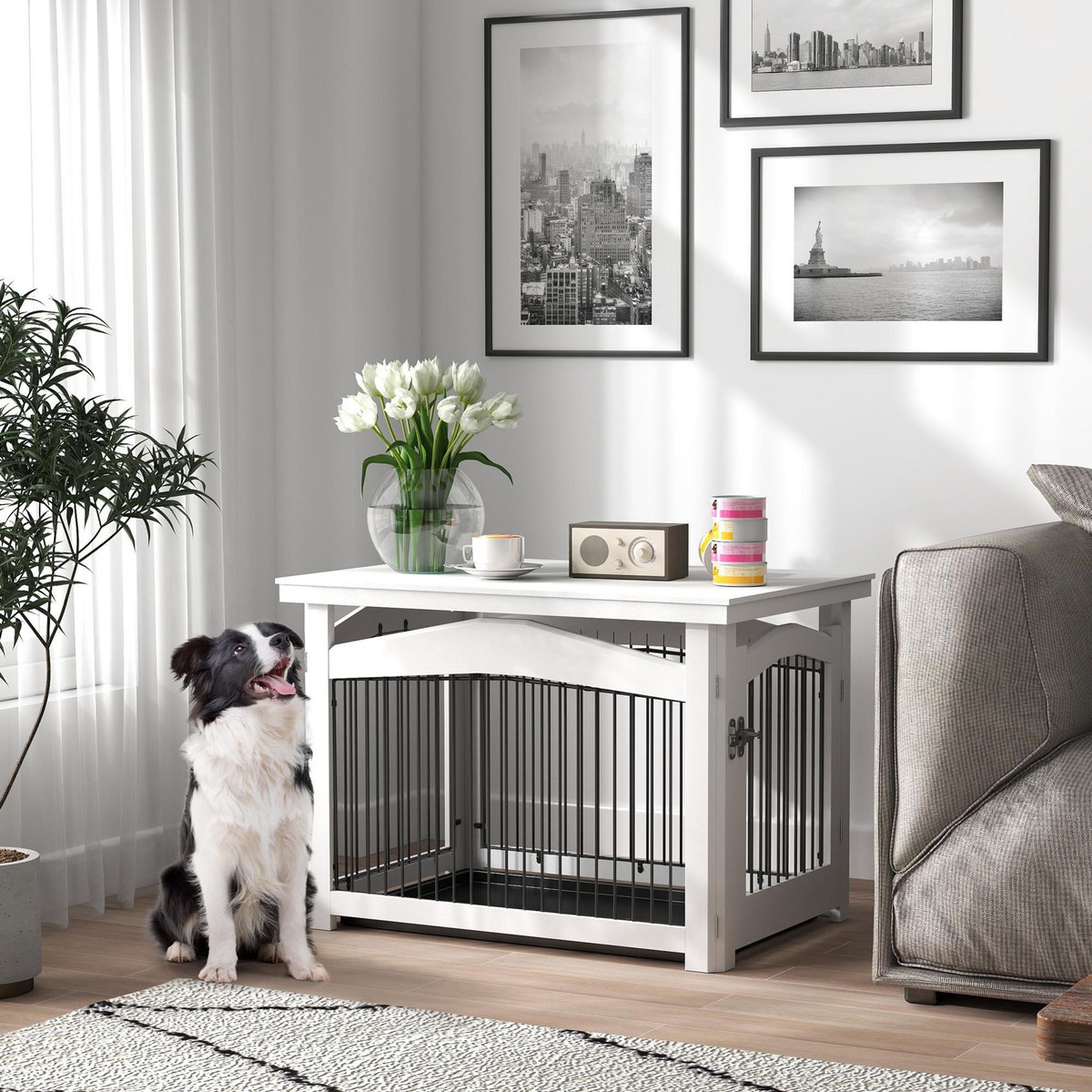 PAWHUT Cage barrière chien table basse d'appoint 3 en 1 plateau déjection amovible porte verrouillable acier MDF noir blanc