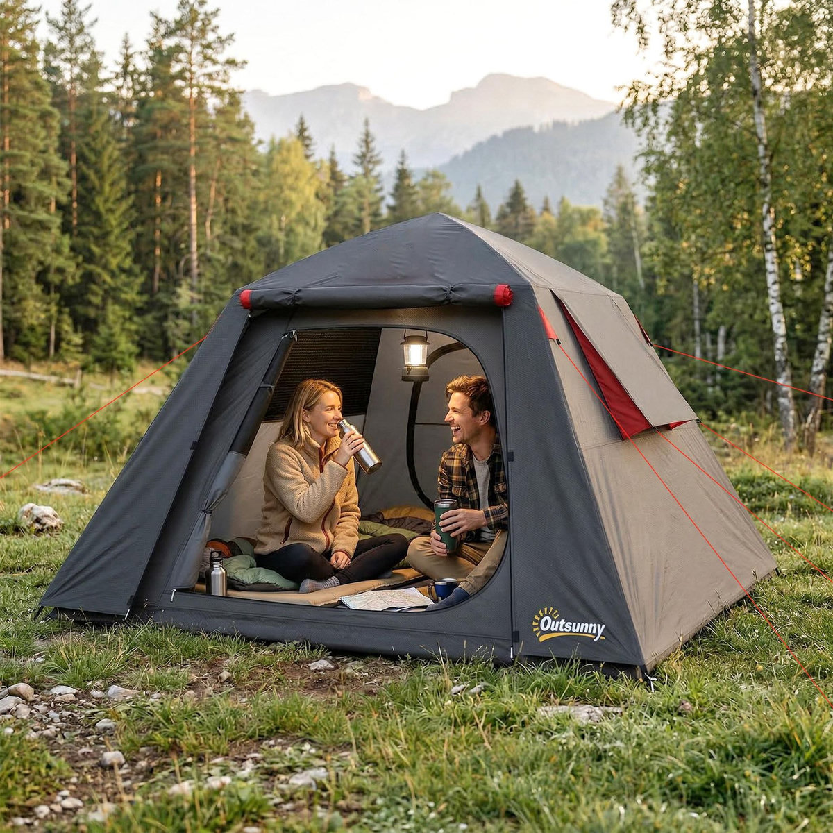 OUTSUNNY Tente camping dôme 2 pers. imperméable 3000mm - 2,1x2,1x1,5m - anthracite