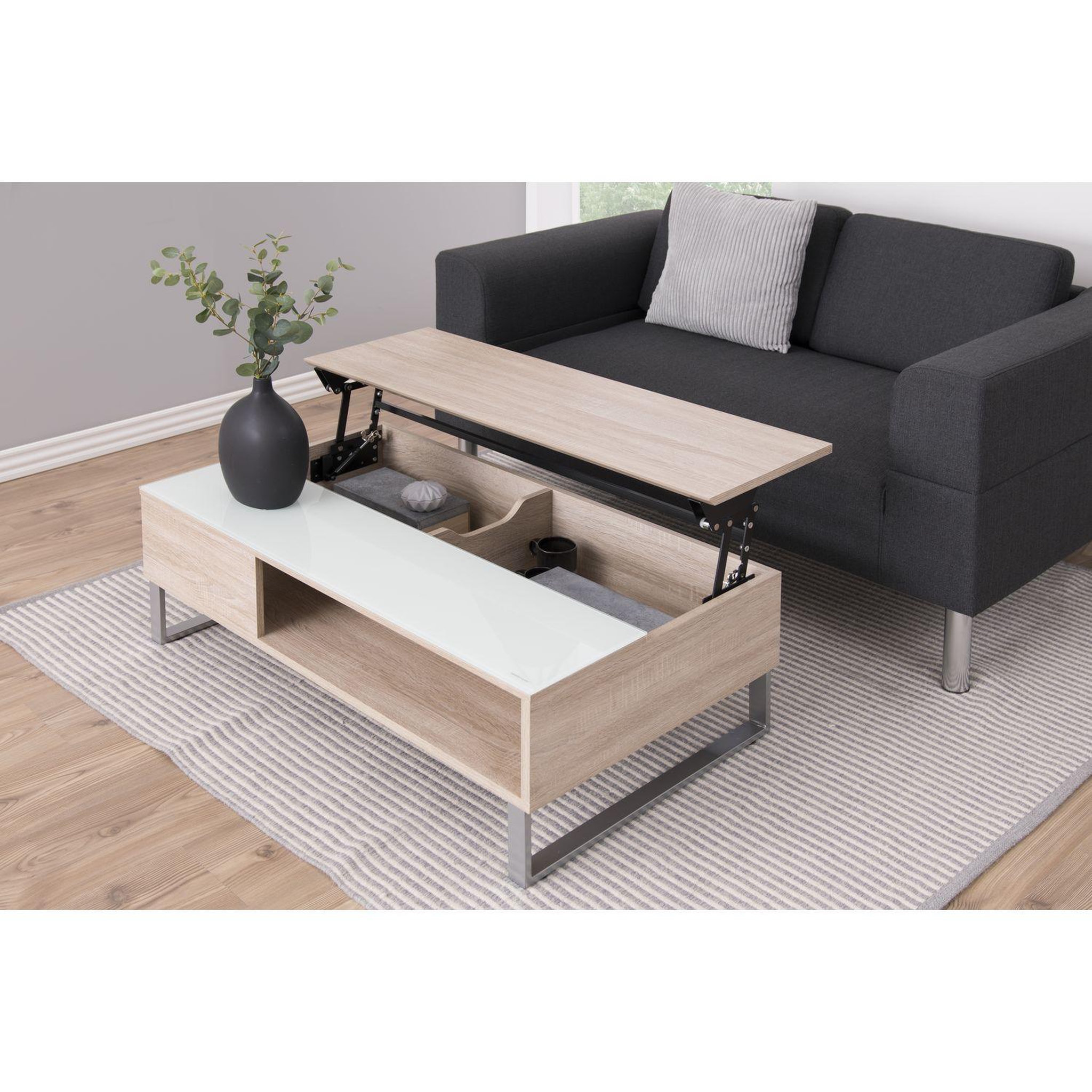 Voir la diapositive 5 : TOILINUX Table basse azéla en verre et mdf avec plateaux relevable