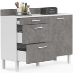 ID MARKET Buffet bas casserolier de cuisine 120 cm CINA plan de travail H.83 cm 1 porte + 3 tiroirs blanc et effet béton