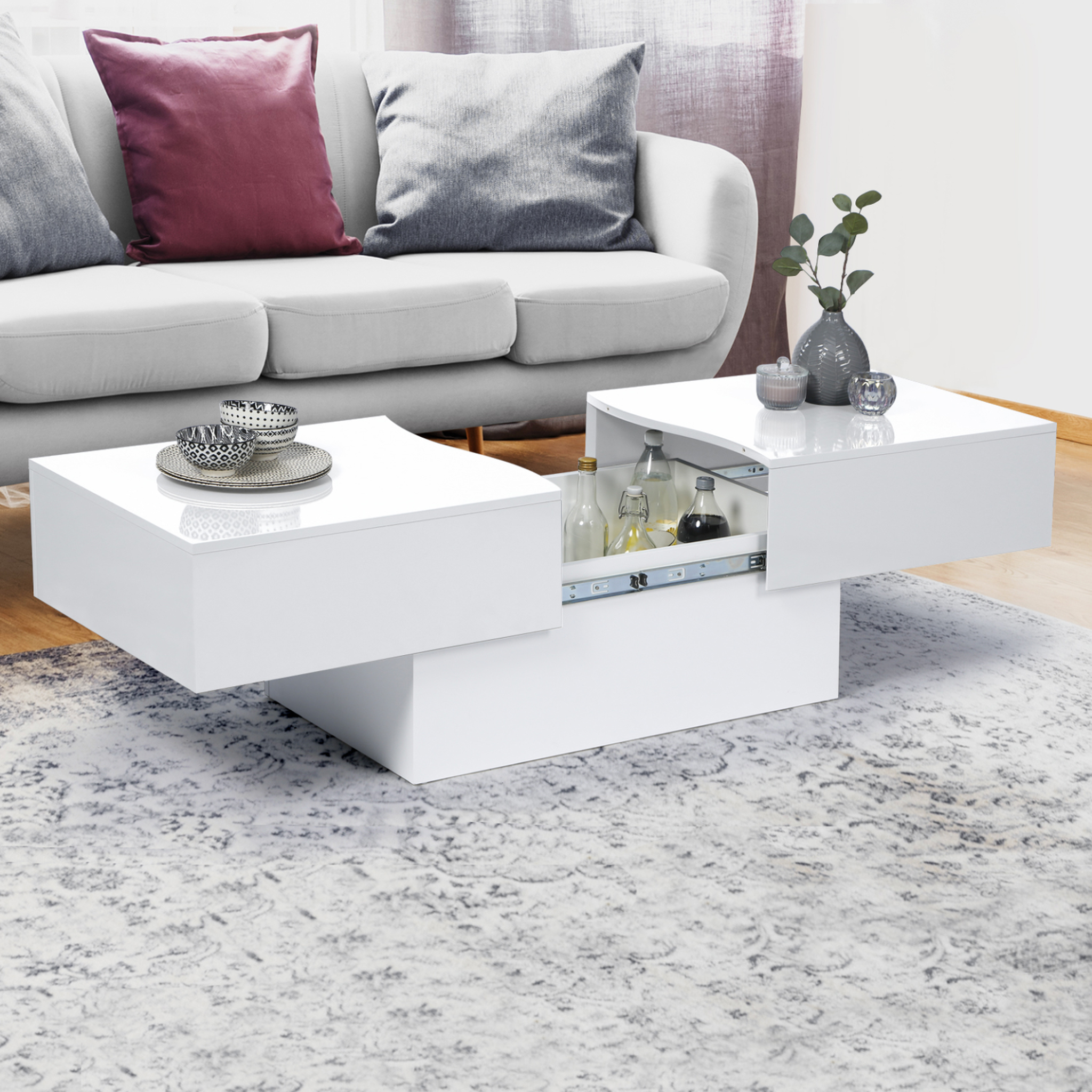 Voir la diapositive 2 : ID MARKET Table basse coulissante rectangulaire marta bois blanc