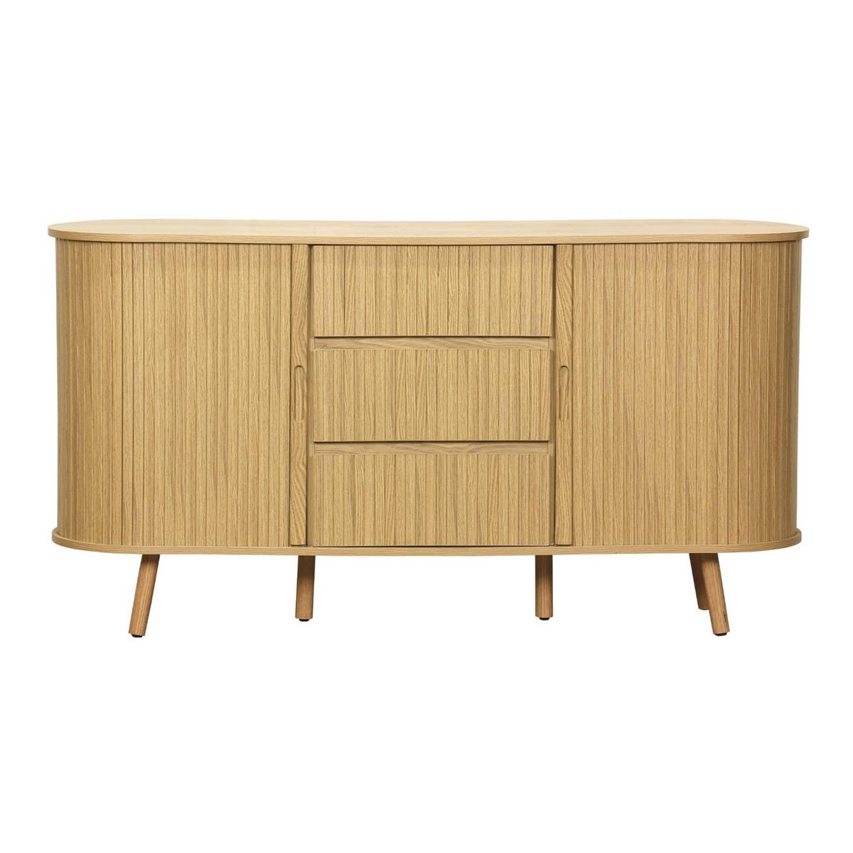 SWEEEK Buffet scandinave ovale 2 portes coulissantes. 4 compartiments. 3 tiroirs. effet bois rainuré. teinte naturelle. L 150 x P 40 x H 79cm