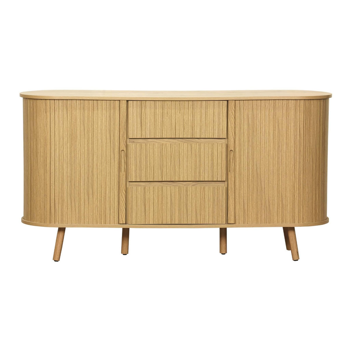 SWEEEK Buffet scandinave ovale 2 portes coulissantes. 4 compartiments. 3 tiroirs. effet bois rainuré. teinte naturelle. L 150 x P 40 x H 79cm