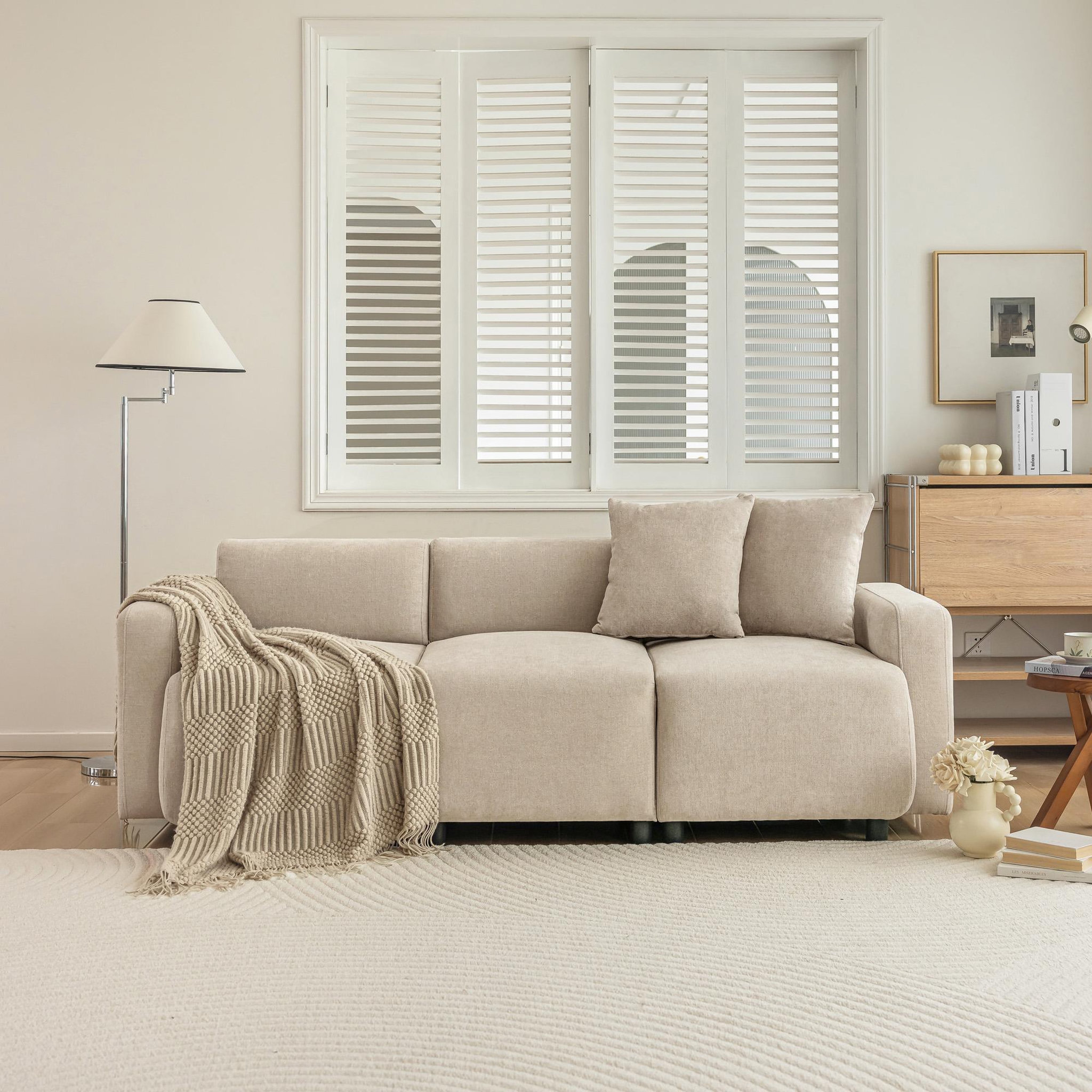 Voir la diapositive 2 : MERAX Canapé droit fixe 3 places tissu beige