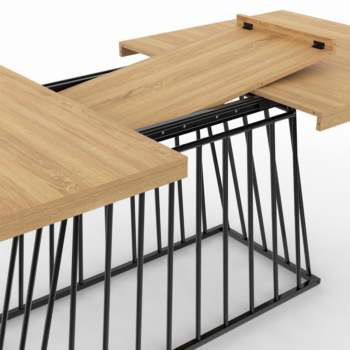 ID MARKET Table à manger extensible rectangle YUNA 6-10 personnes plateau bois et pied filaire en métal noir 160 - 200 cm