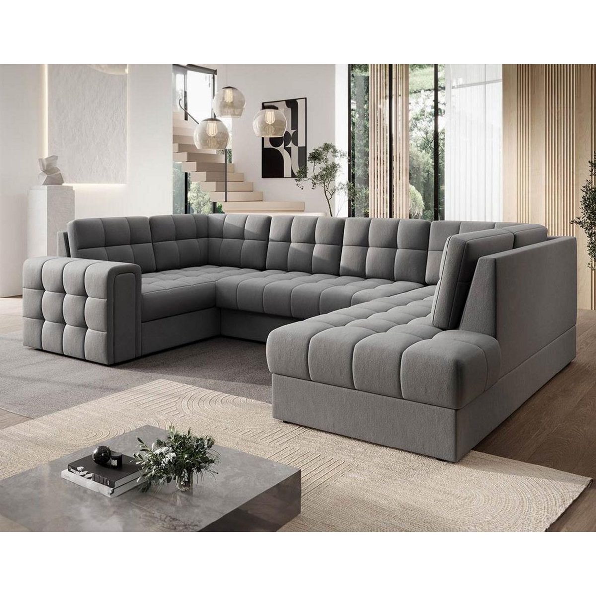 BEST MOBILIER Nappa - canapé panoramique d'angle gauche 7 places convertible avec coffre en velours