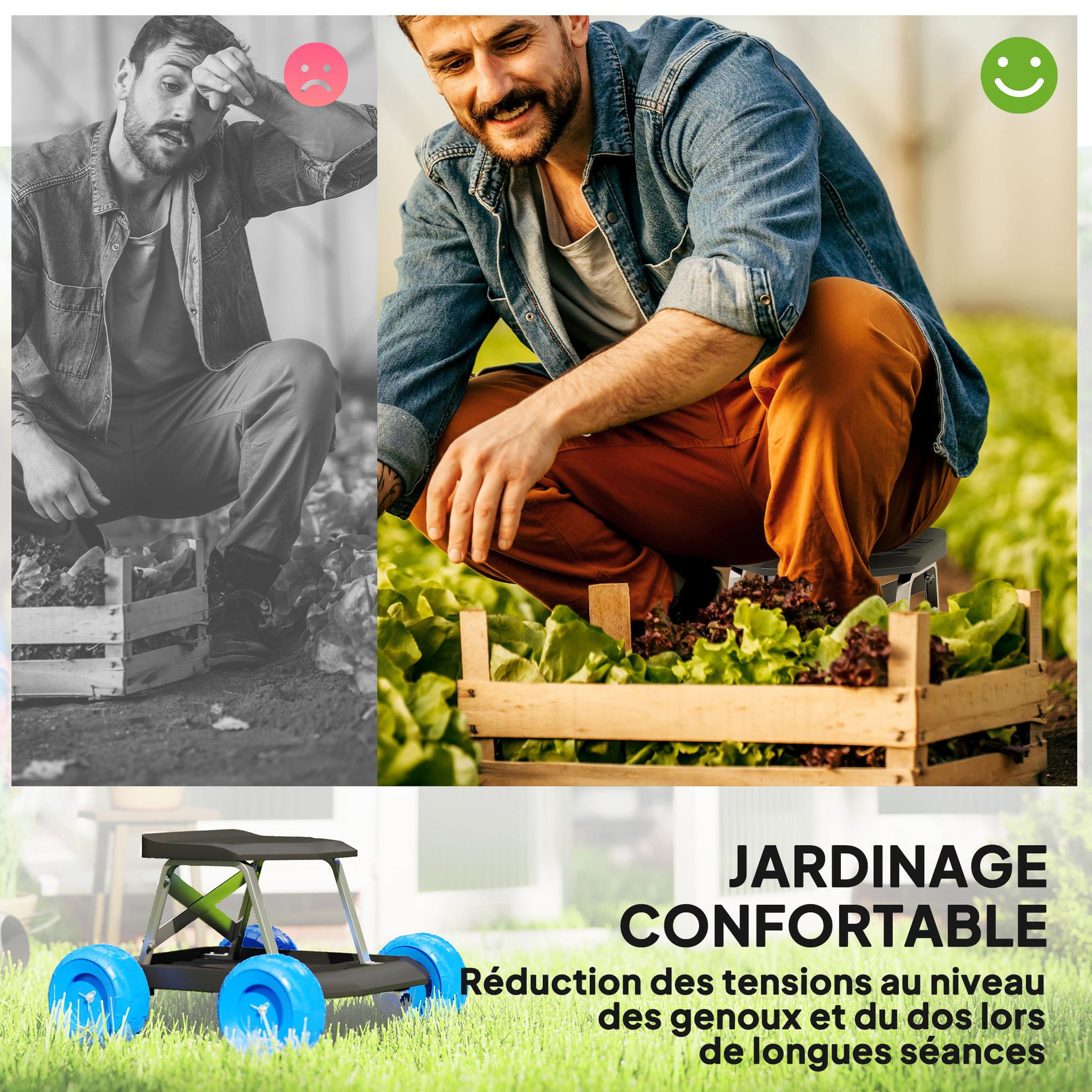 Voir la diapositive 4 : OUTSUNNY Tabouret de jardinage - siège de jardin sur roues - plateau à outils intégré - bleu noir