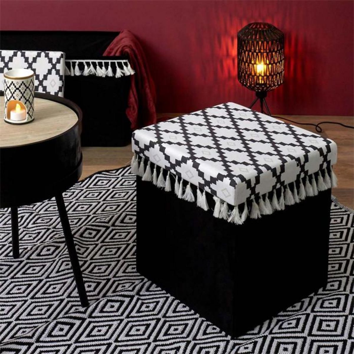 Paris Prix Pouf Pliable & Coffre  Mirage  38cm Noir & Blanc