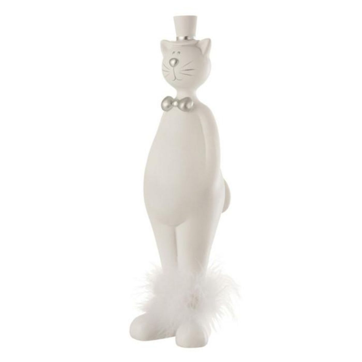 Paris Prix Statuette Déco  Chat avec Chapeau  33cm Blanc & Argent