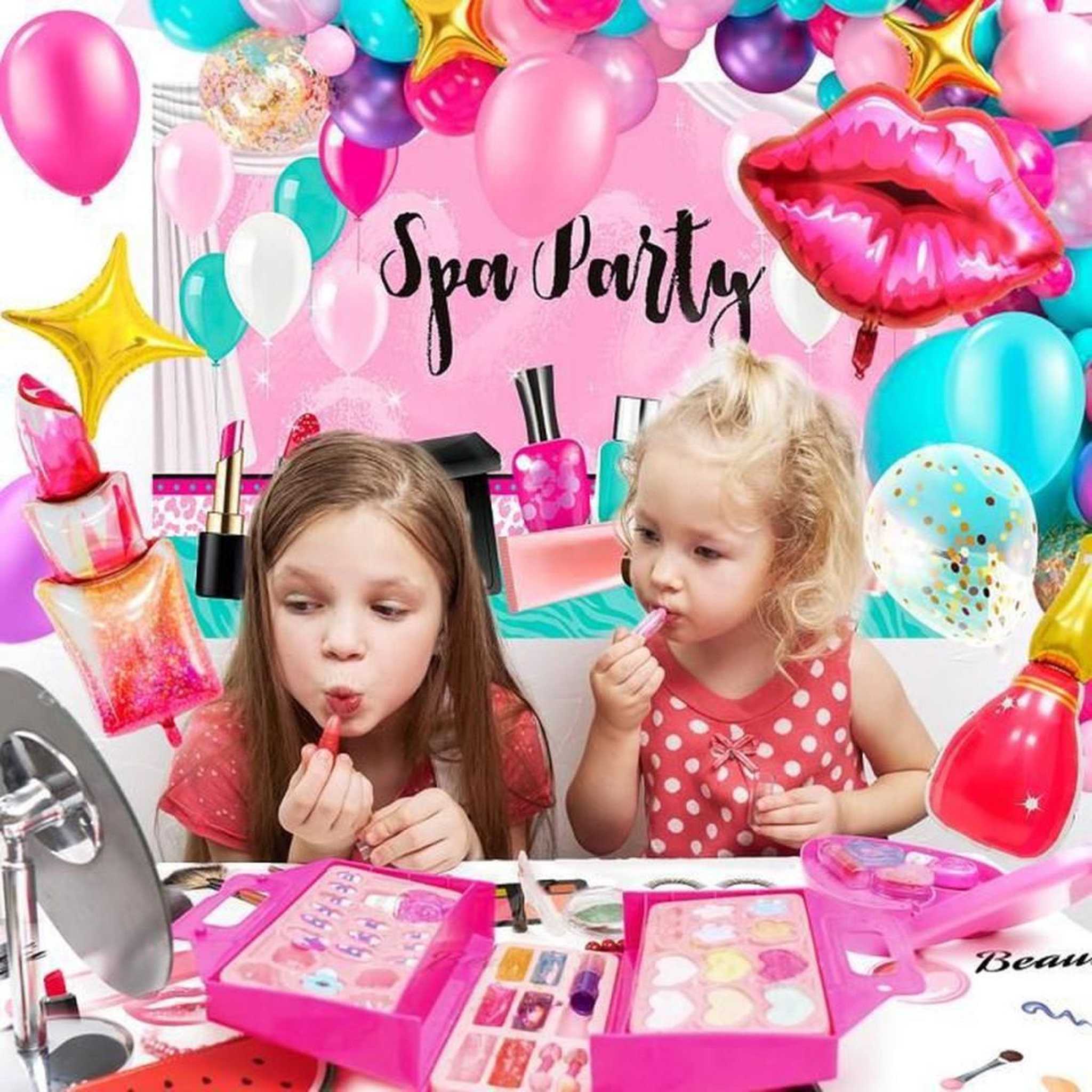 Voir la diapositive 4 : Set ballons déco thème Spa Party avec lettres et icônes maquillage multicolores rose, turquoise, violet, blanc, doré, rouge et magenta, réutilisables