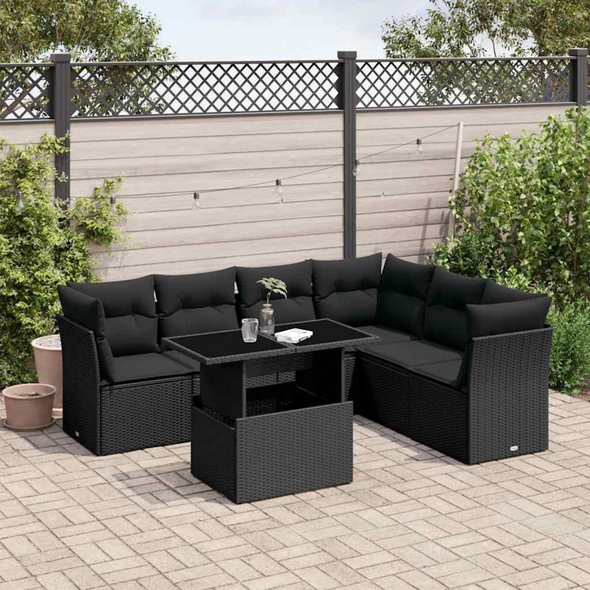 VIDAXL Salon de jardin 7 pcs avec coussins noir resine tressee
