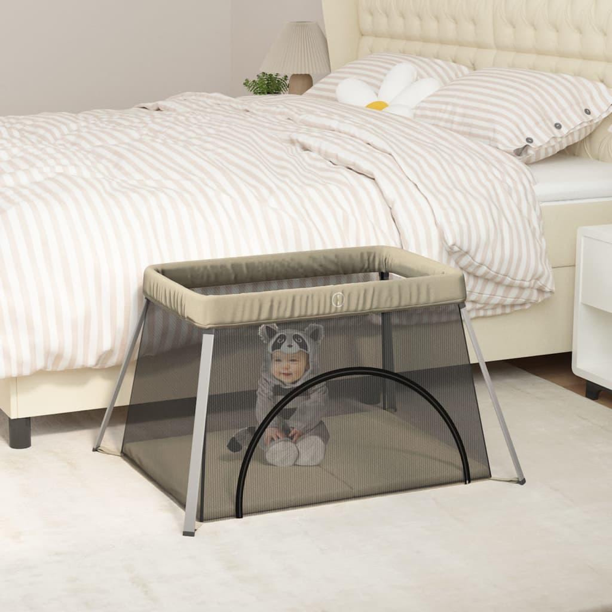 Voir la diapositive 1 : VIDAXL Parc pour bebe avec matelas Taupe Tissu de lin