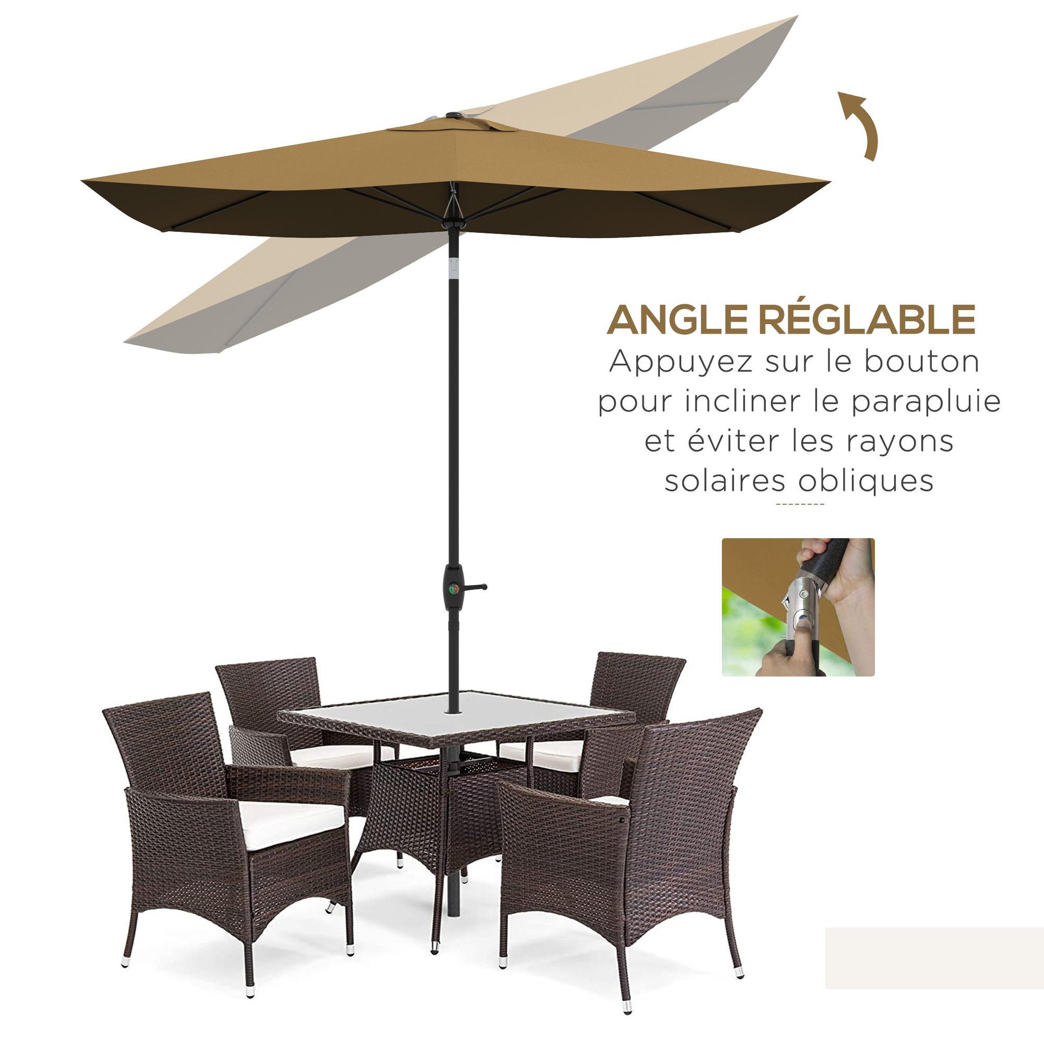 Voir la diapositive 4 : OUTSUNNY Parasol rectangulaire inclinable de jardin avec manivelle métal polyester haute densité anti UV 50+ chocolat