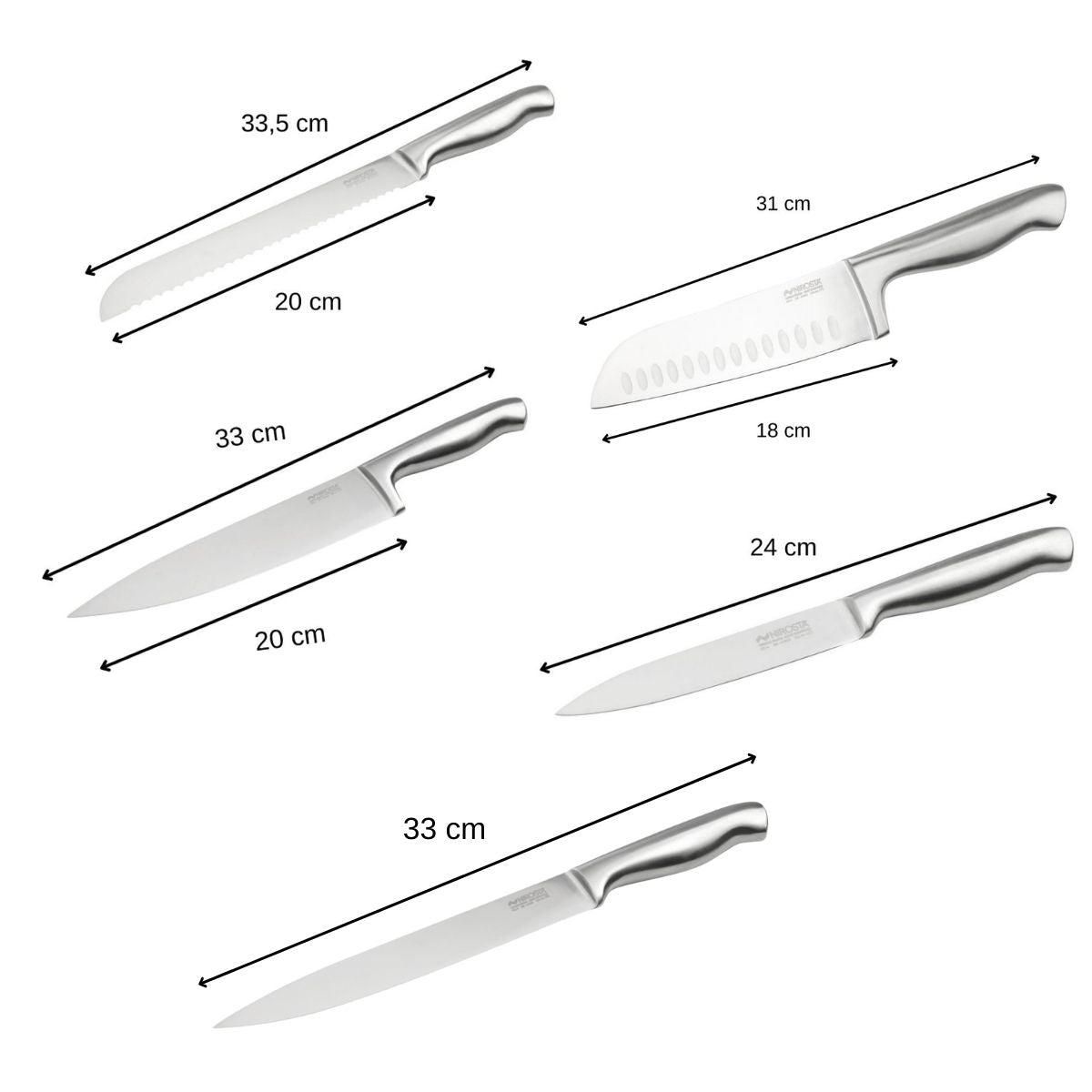 NIROSTA Ensemble de 5 couteaux de cuisine professionnels en inox de 24 à 33,5 cm Nirosta Star