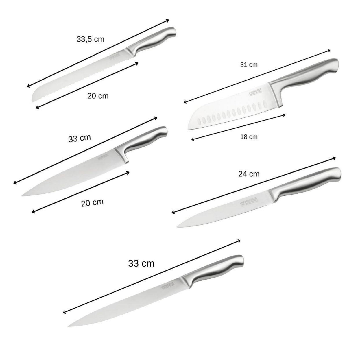 NIROSTA Ensemble de 5 couteaux de cuisine professionnels en inox de 24 à 33,5 cm Nirosta Star