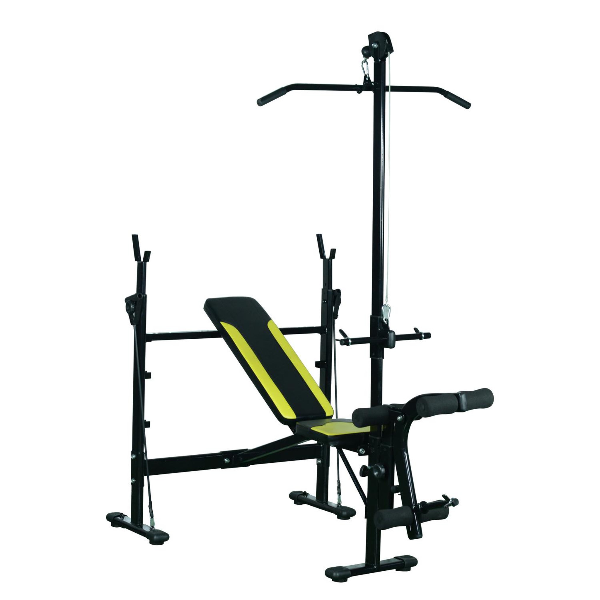Voir la diapositive 1 : HOMCOM Banc de musculation fitness entrainement complet dossier réglable cordes traction curler supports barre et haltères noir et jaune